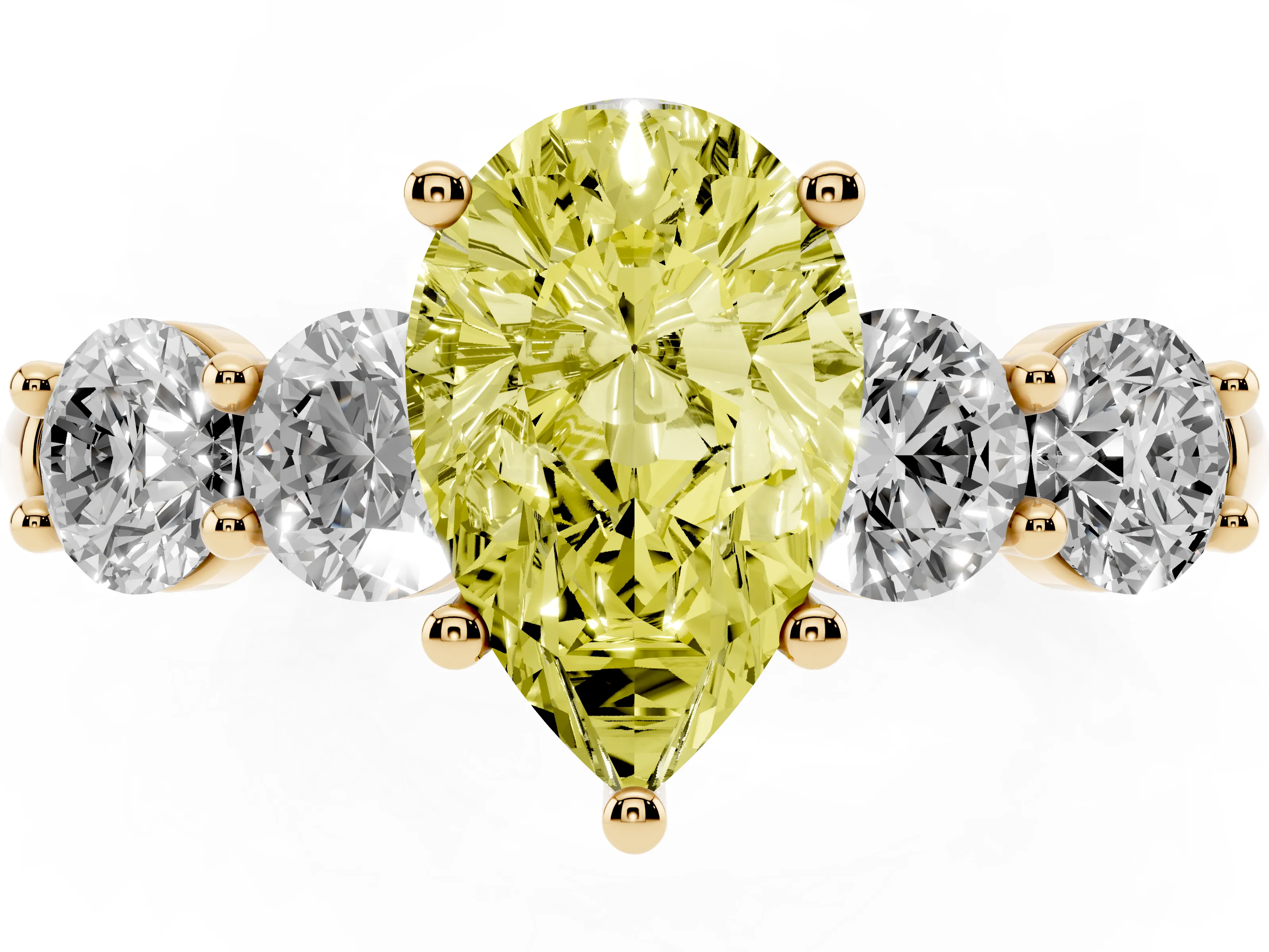 Fancy Yellow Pear Cut Diamond Five-Stone Prong Set Ring Set in Yellow gold with Classic Band