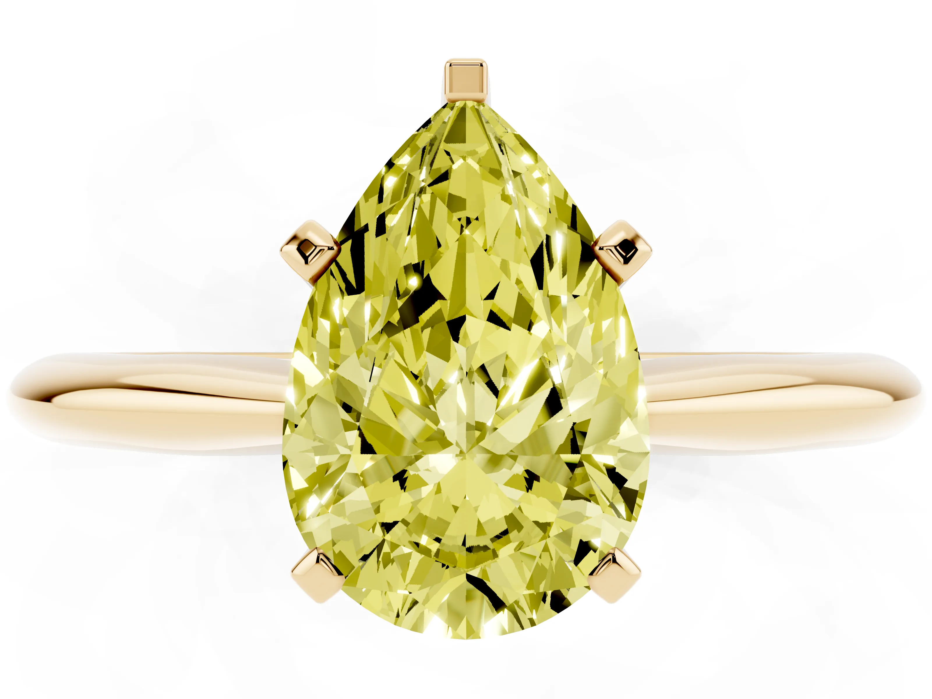 Fancy Yellow Pear Cut Diamond Solitaire Ring Set in Yellow gold with Prong Setting on a Plain Round Band