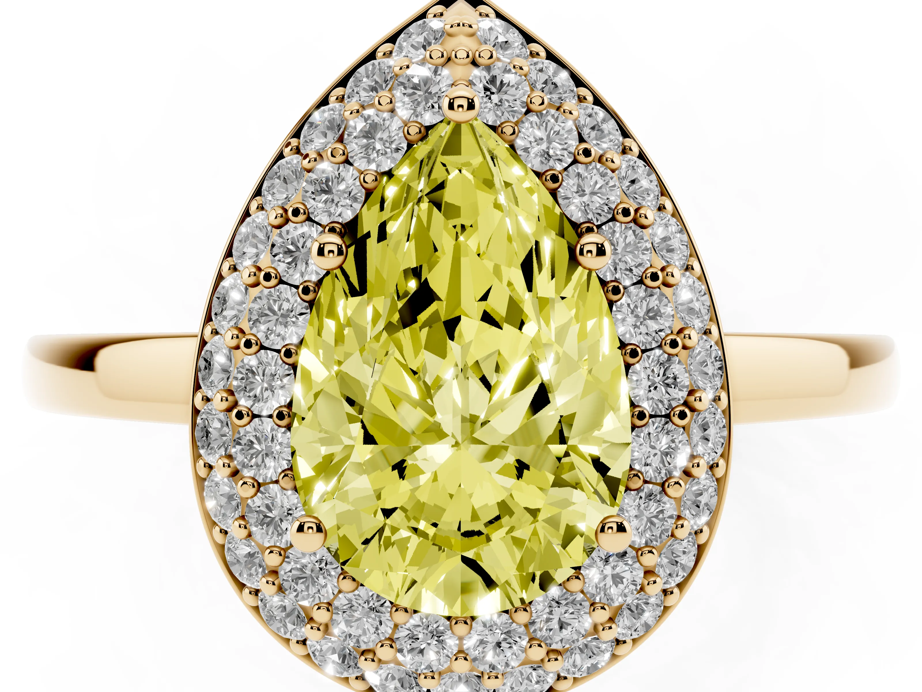 Fancy Yellow Pear Cut Diamond Halo Engagement Ring Set in Yellow gold with Solitaire Band and Prong Setting