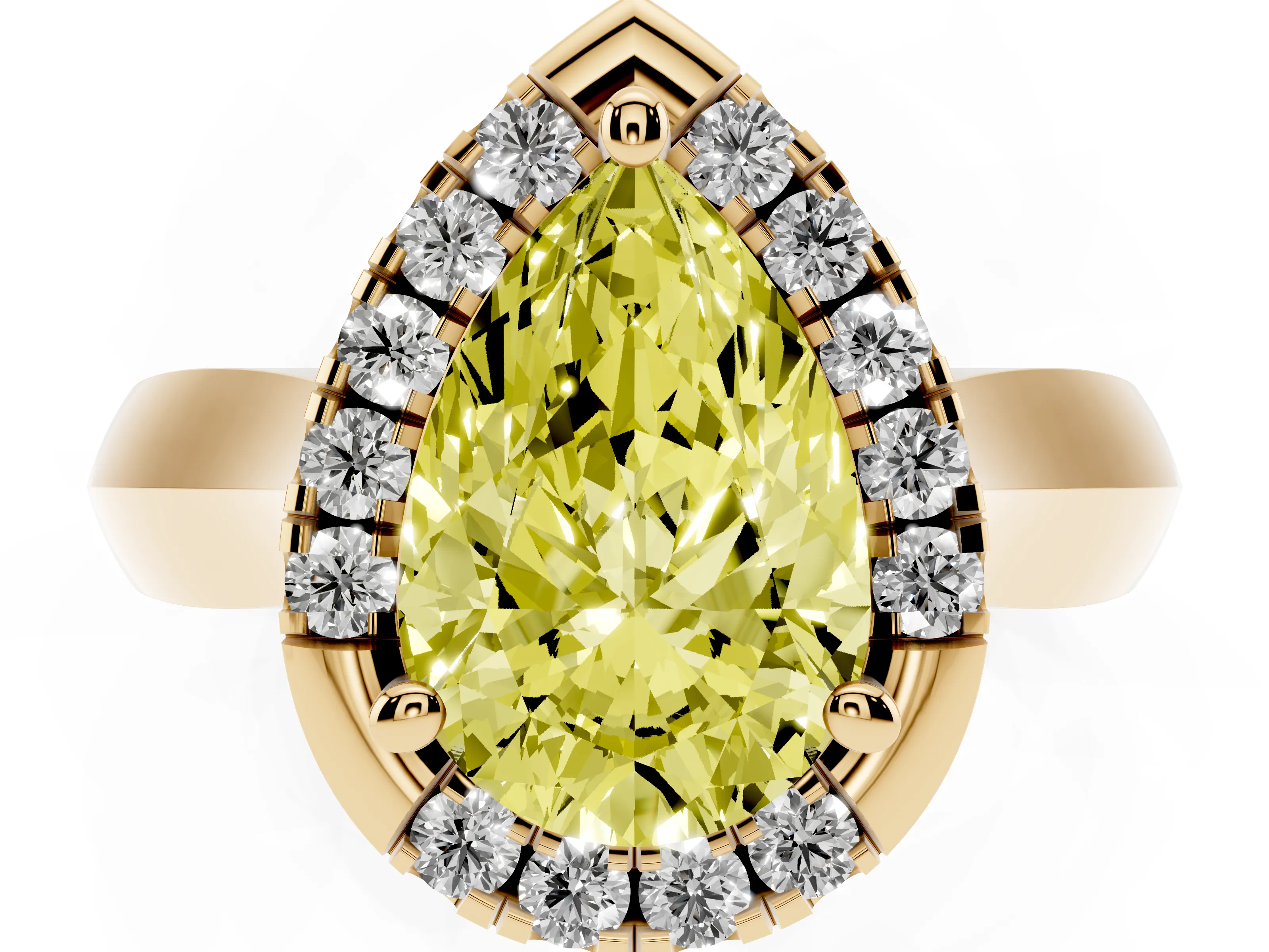 Fancy Yellow Pear Cut Diamond Halo Solitaire Engagement Ring Set in Yellow gold with Square Band and Prong Setting