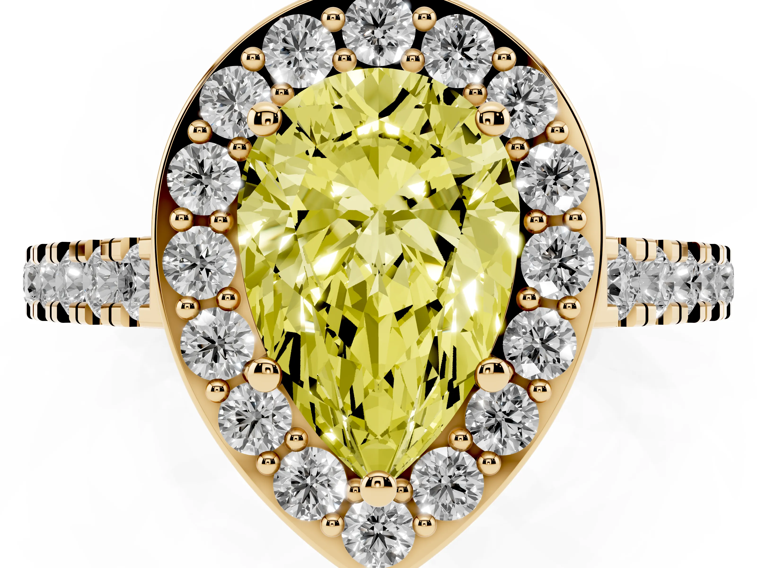 Fancy Yellow Pear Cut Diamond Halo Ring Set in Yellow gold with Round Pavé Split Shank and Prong Setting