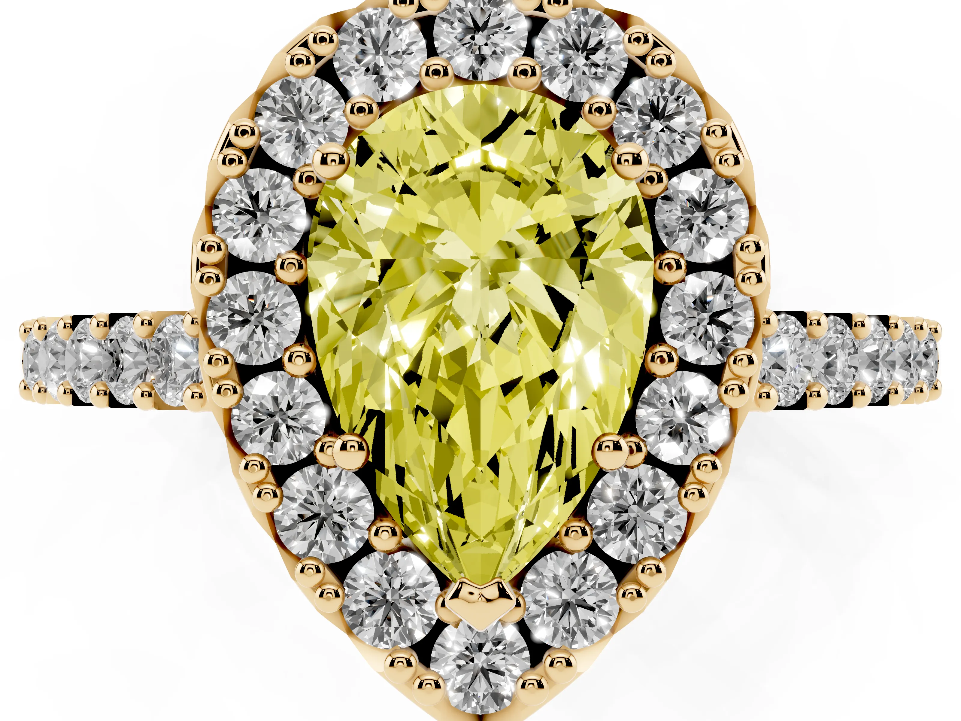 Fancy Yellow Pear Cut Diamond Halo Pavé Solitaire Ring Set in Yellow gold with Prong-Set Center Stone