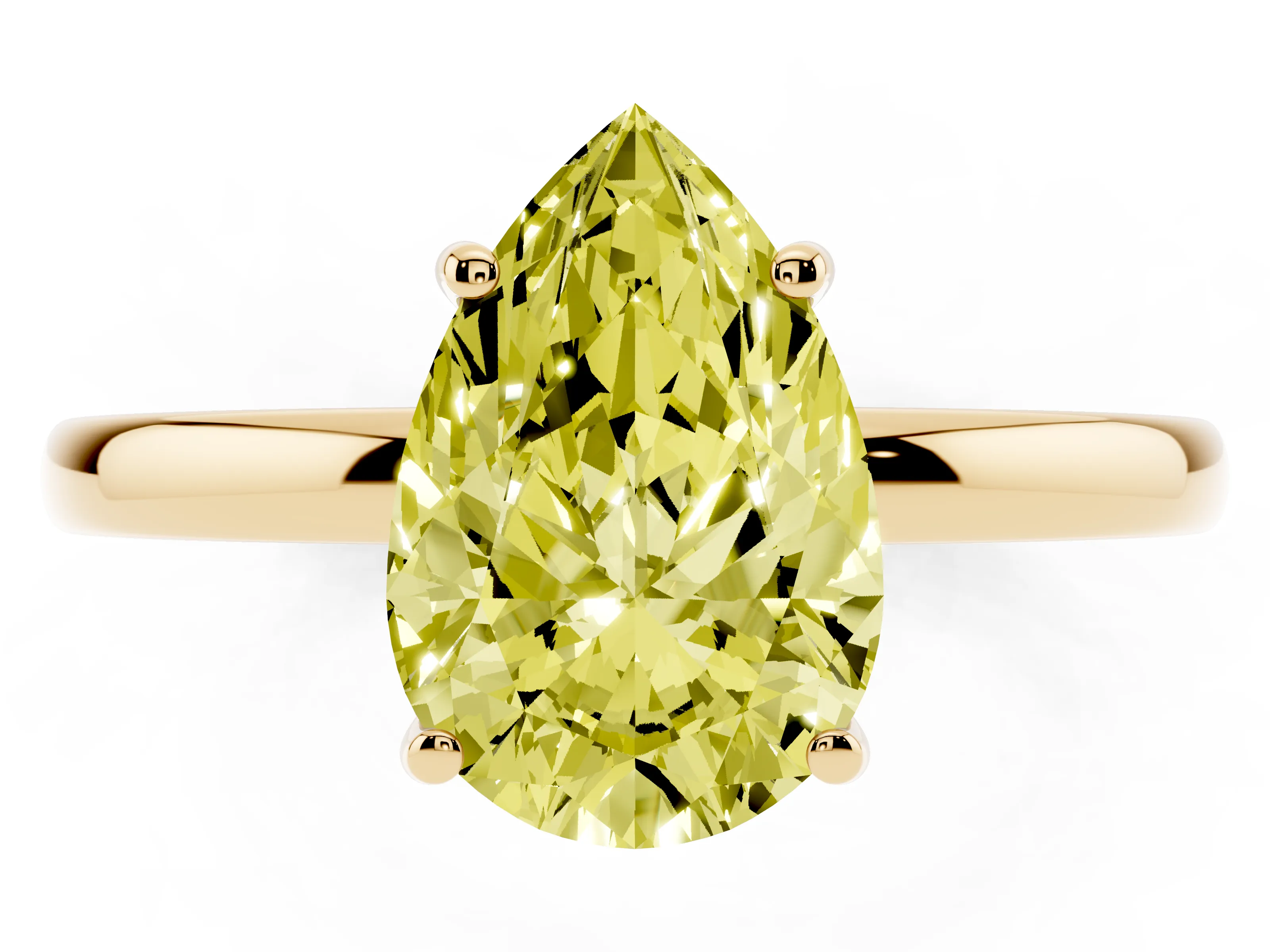 Fancy Yellow Pear Cut Diamond Solitaire Ring Set in Yellow gold with Plain Band and Prong Setting