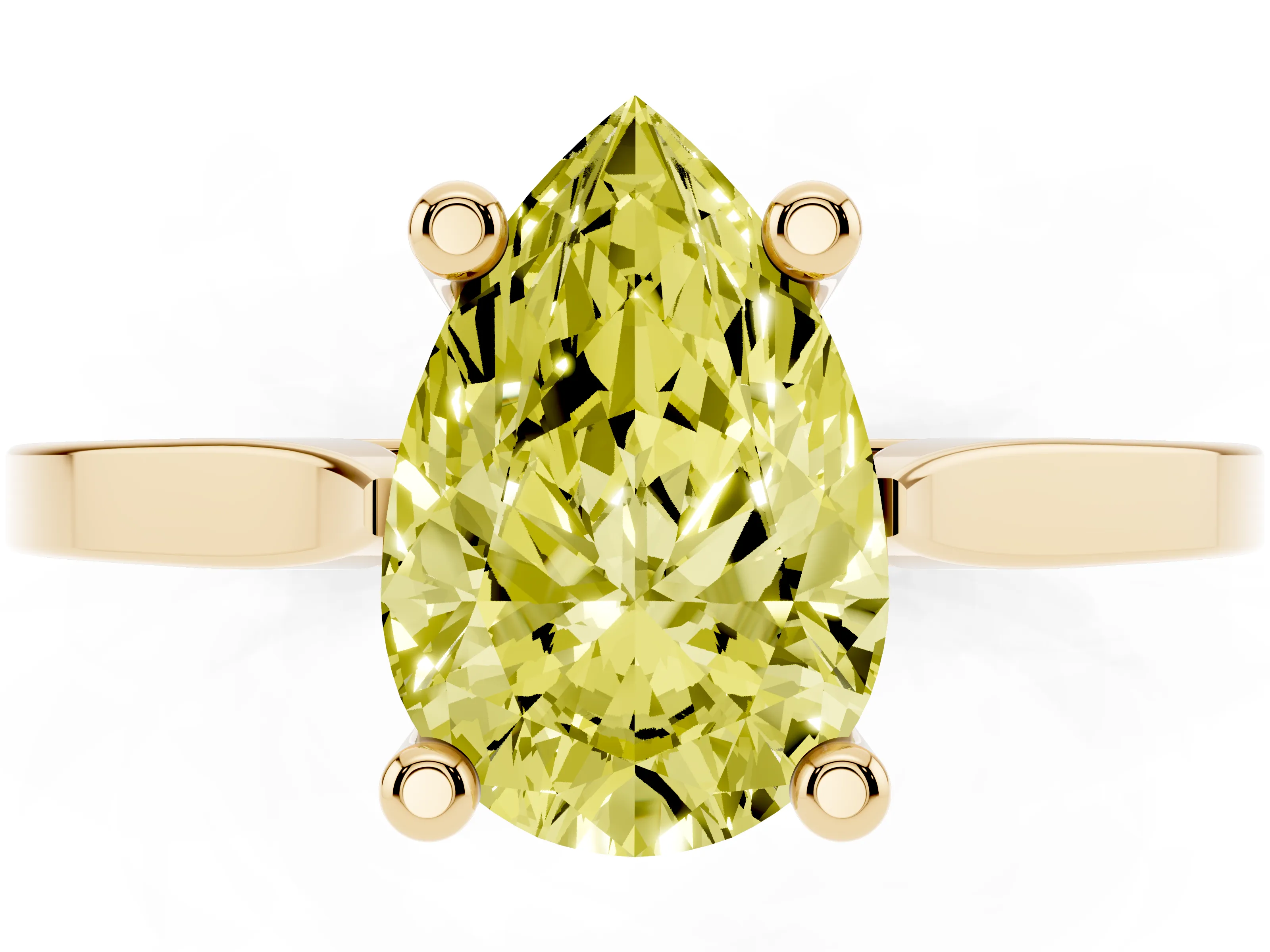 Fancy Yellow Pear Cut Diamond Solitaire Ring Set in Yellow gold with Prong Setting and Tapered Band
