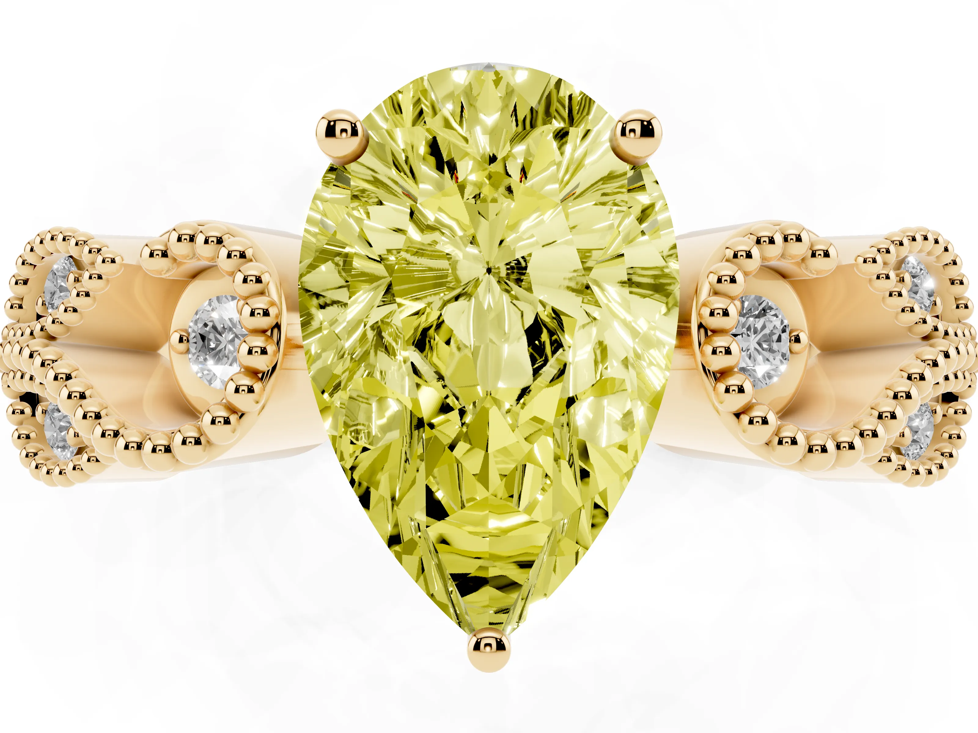 Fancy Yellow Pear Cut Diamond Milgrain Leaf Band Solitaire Ring Set in Yellow gold with Accent Stones and Prong Setting