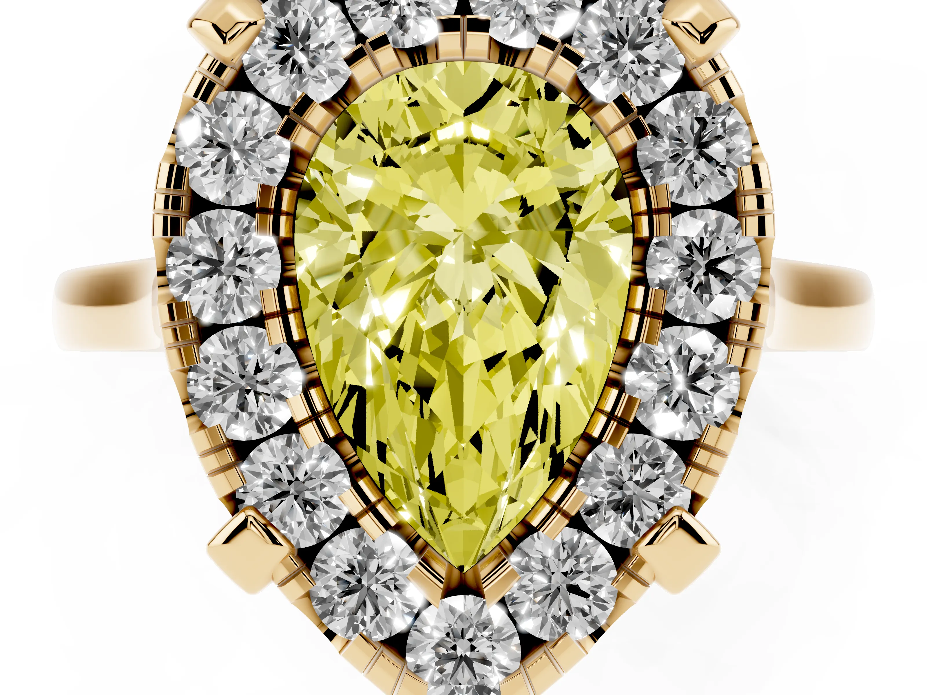 Fancy Yellow Pear Cut Diamond Cluster Halo Solitaire Ring Set in Yellow gold with Prong Setting