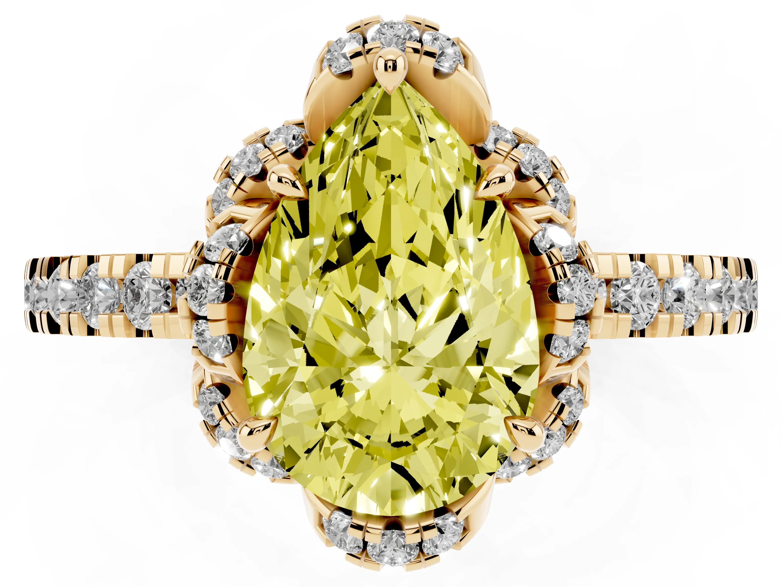 Fancy Yellow Pear Cut Diamond Halo Pavé Band Ring Set in Yellow gold with Prong-Held Center
