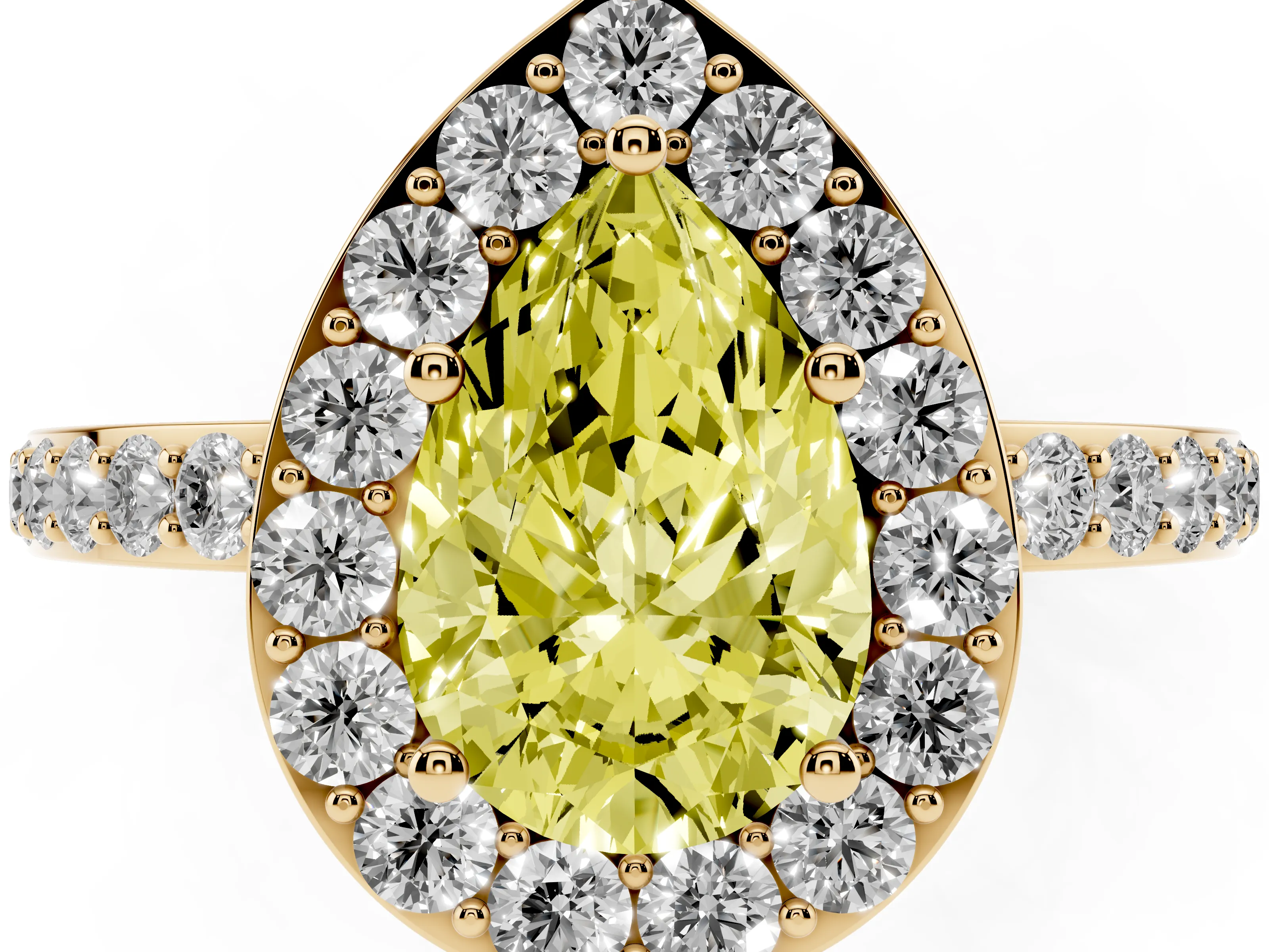 Fancy Yellow Pear Cut Diamond Halo Ring Set in Yellow gold with Pavé-Setting Band and Open Prong Center