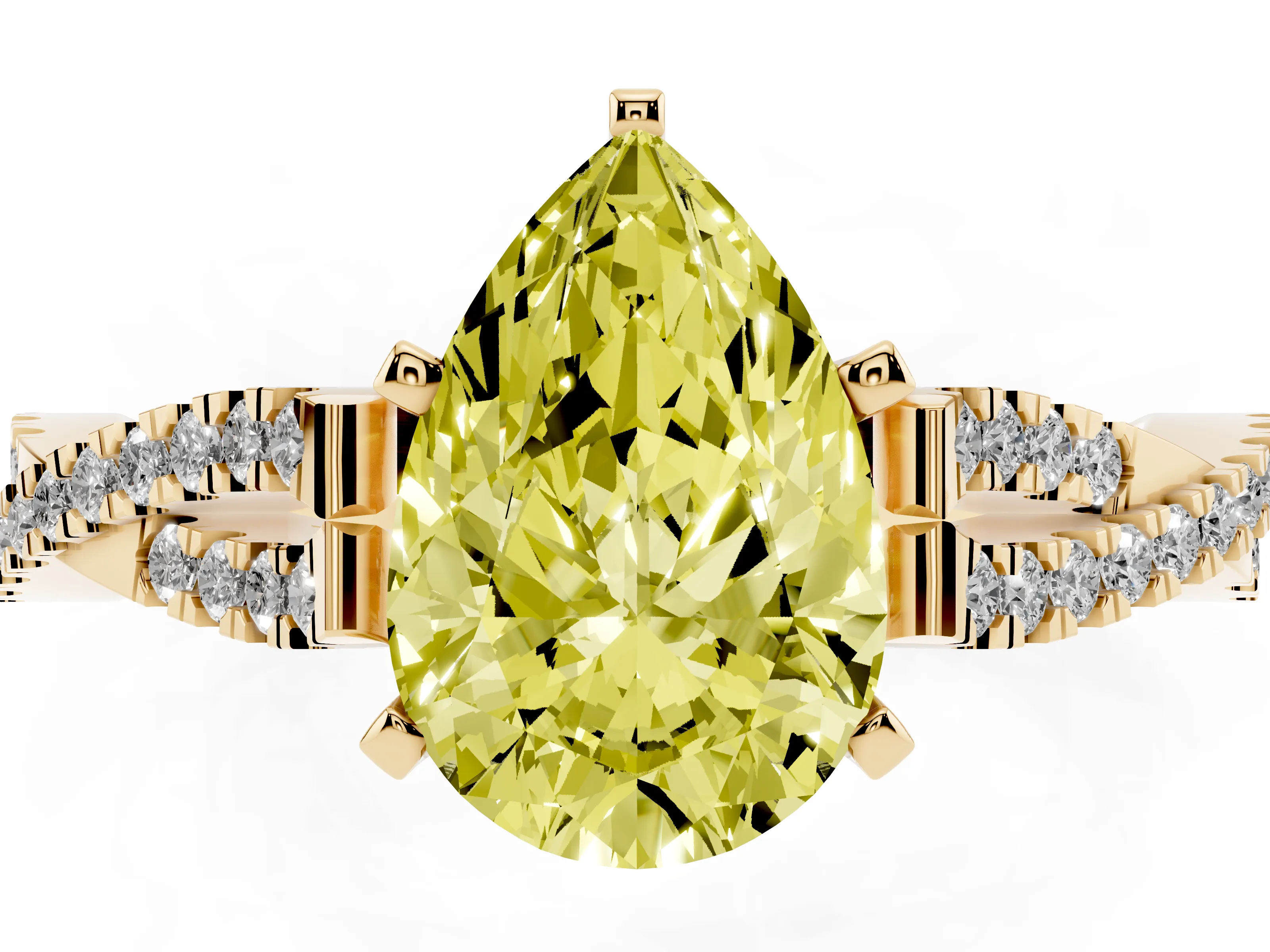 Fancy Yellow Pear Cut Diamond Solitaire Engagement Ring Set in Yellow gold with Twisted Pavé Band and Prong Setting
