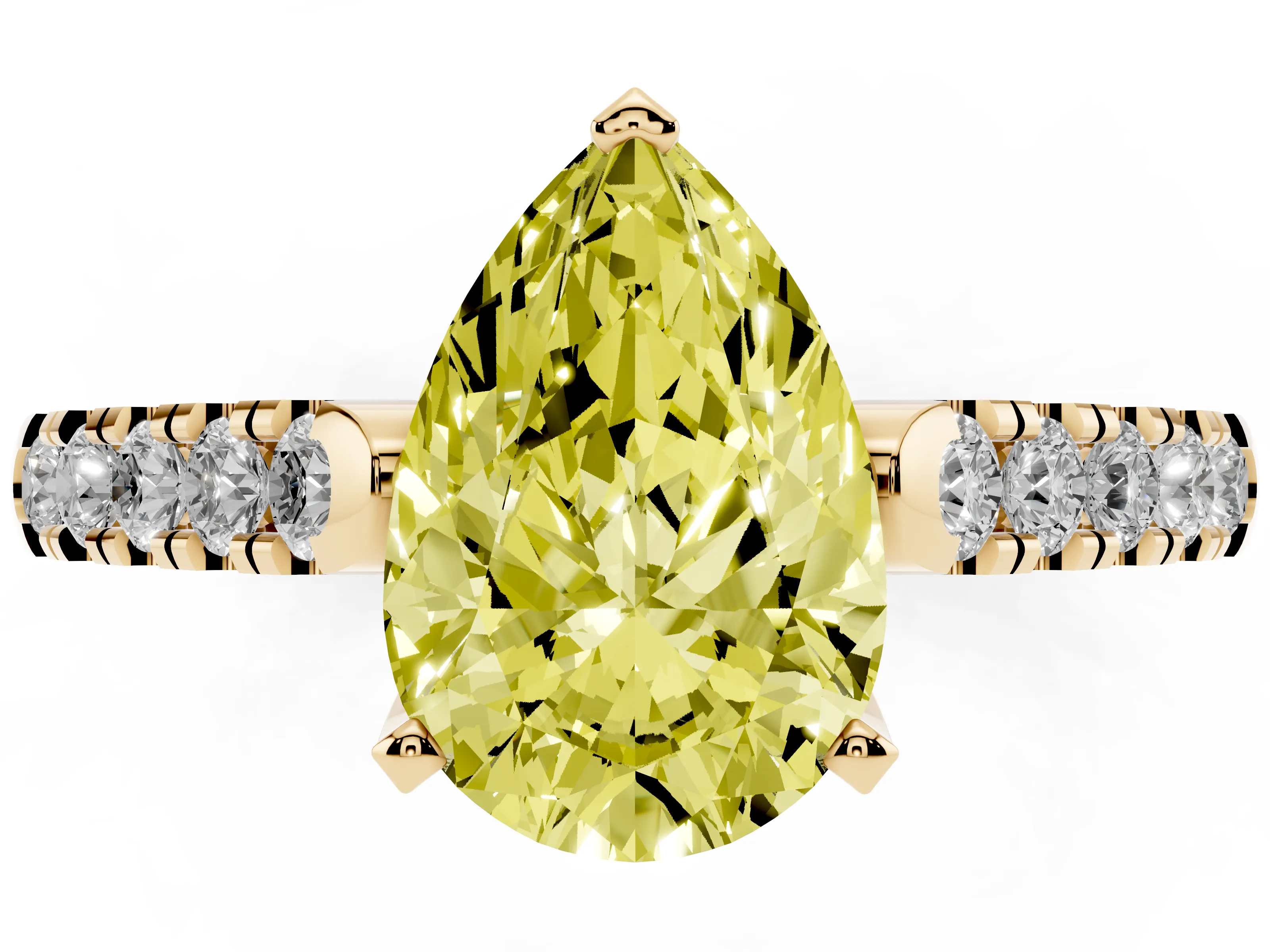 Fancy Yellow Pear Cut Diamond Pavé Band Solitaire Ring Set in Yellow gold with Partway Accent Stones and Prong Setting