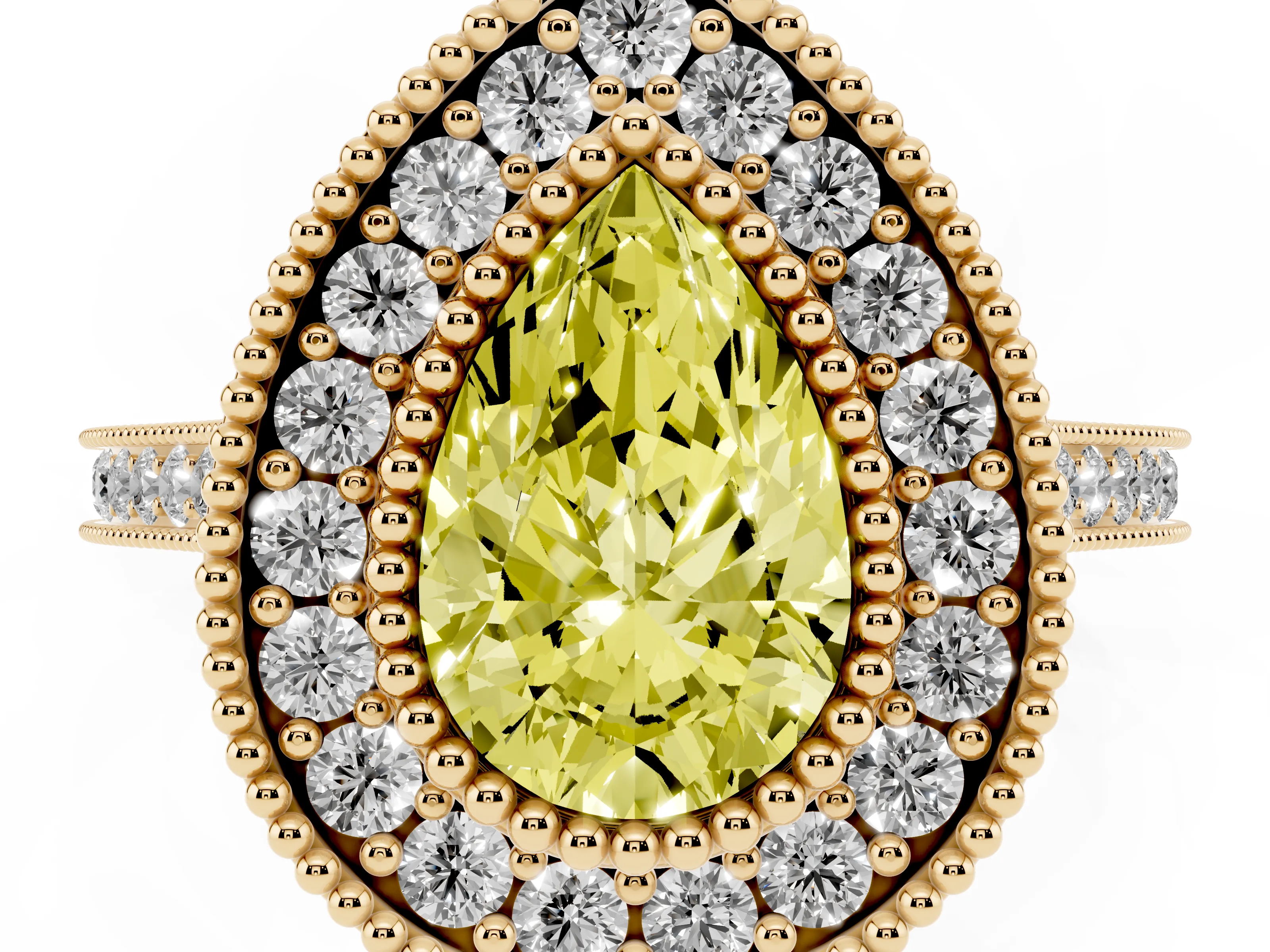 Fancy Yellow Pear Cut Diamond Halo Ring Set in Yellow gold with Milgrain Frame and Pavé Band