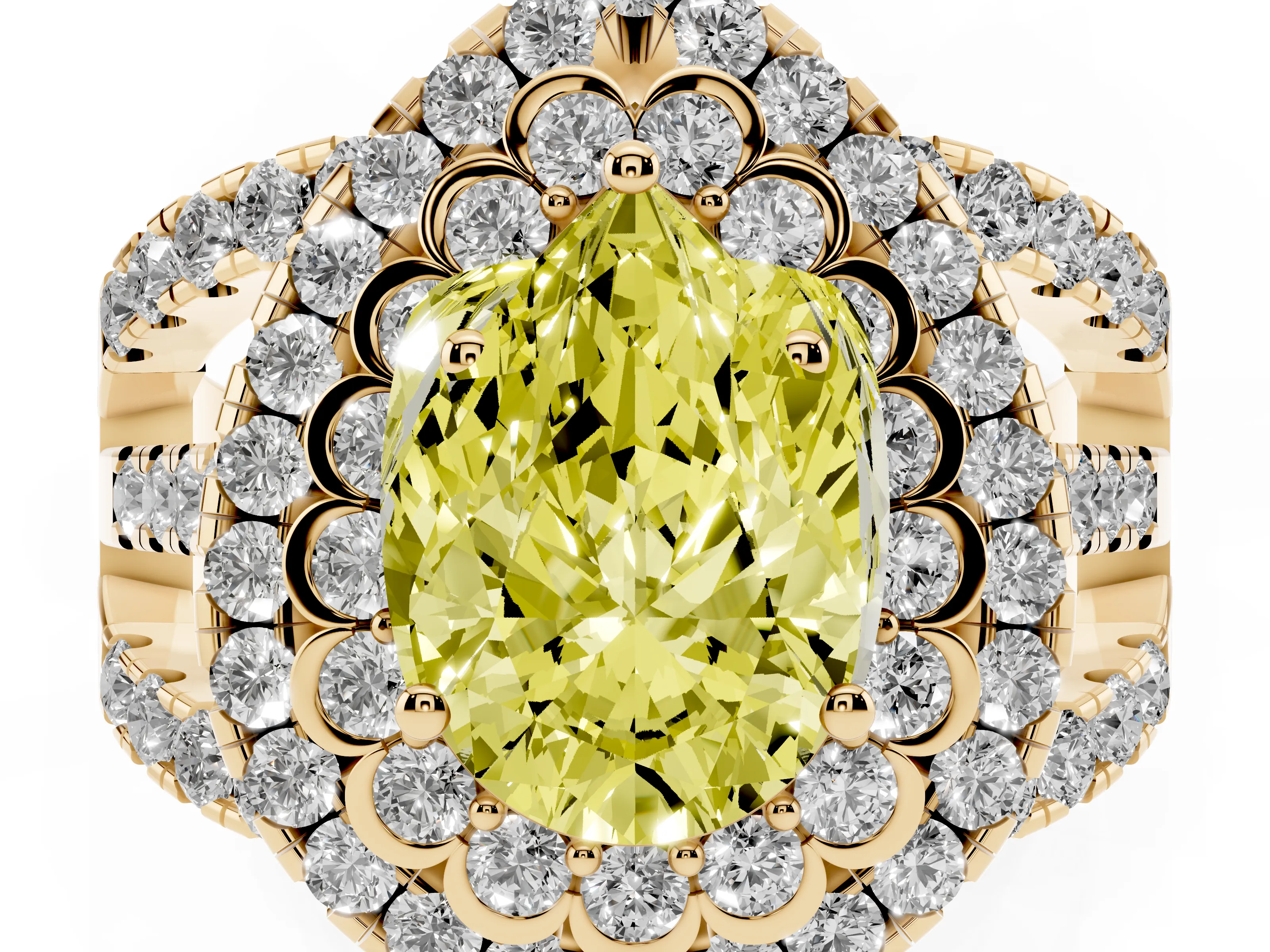 Fancy Yellow Pear Cut Diamond Double Halo Ring Set in Yellow gold with Round Pavé Split Shank