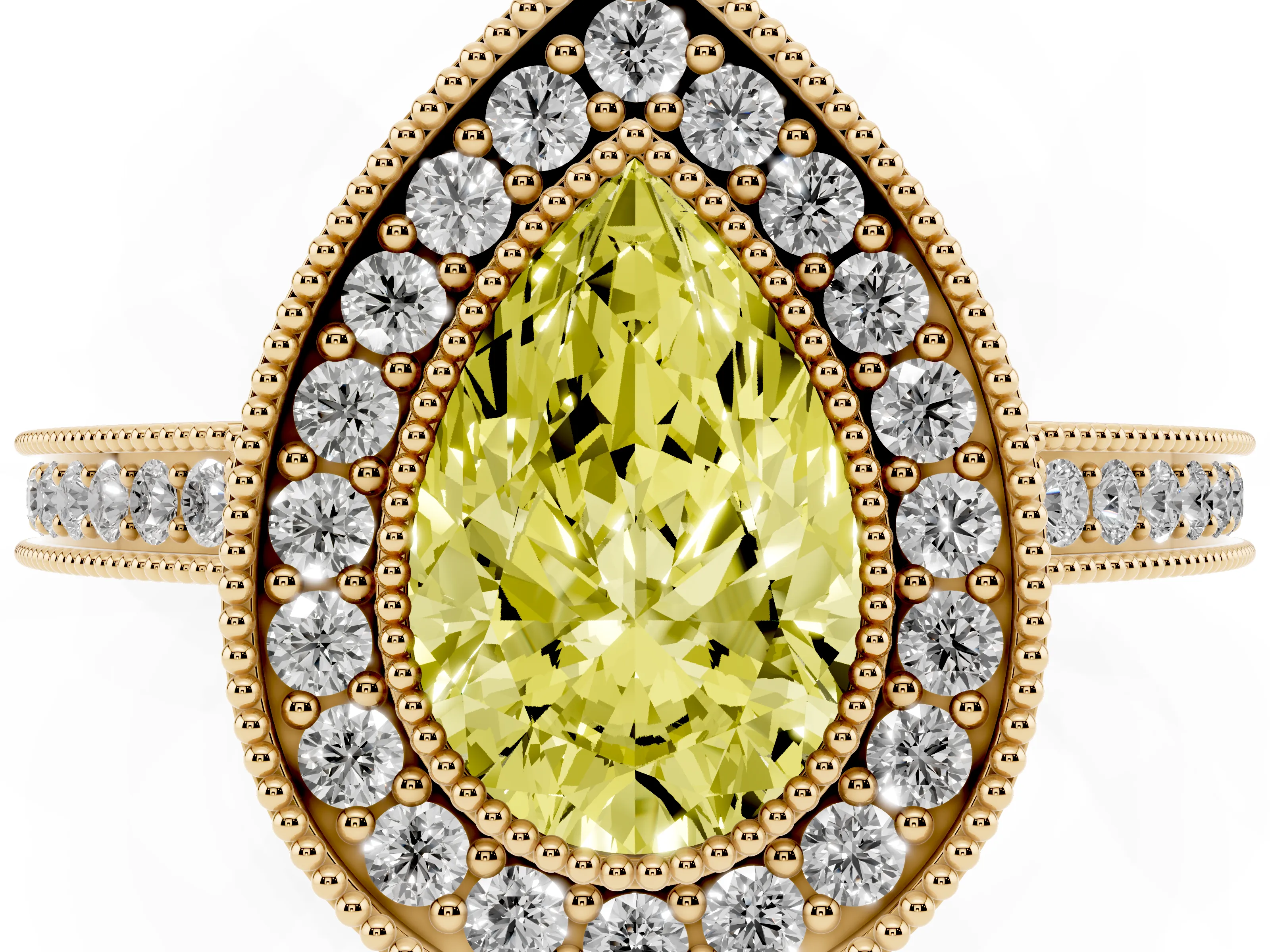 Fancy Yellow Pear Cut Diamond Halo Ring Set in Yellow gold with Pavé Band and Milgrain-Edged Prongs