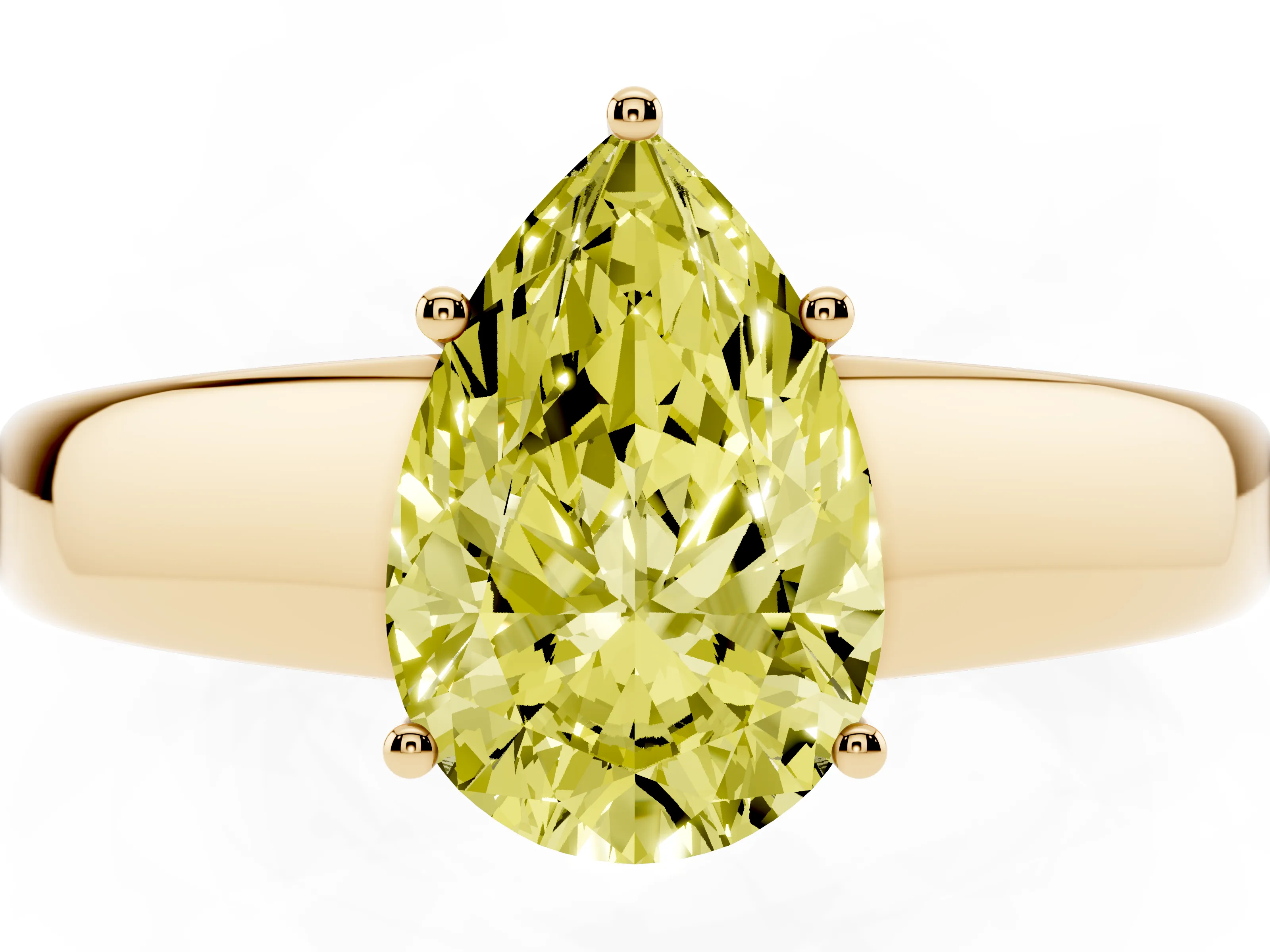 Fancy Yellow Pear Cut Diamond Solitaire Ring Set in Yellow gold with Tapered Band and Prong Setting