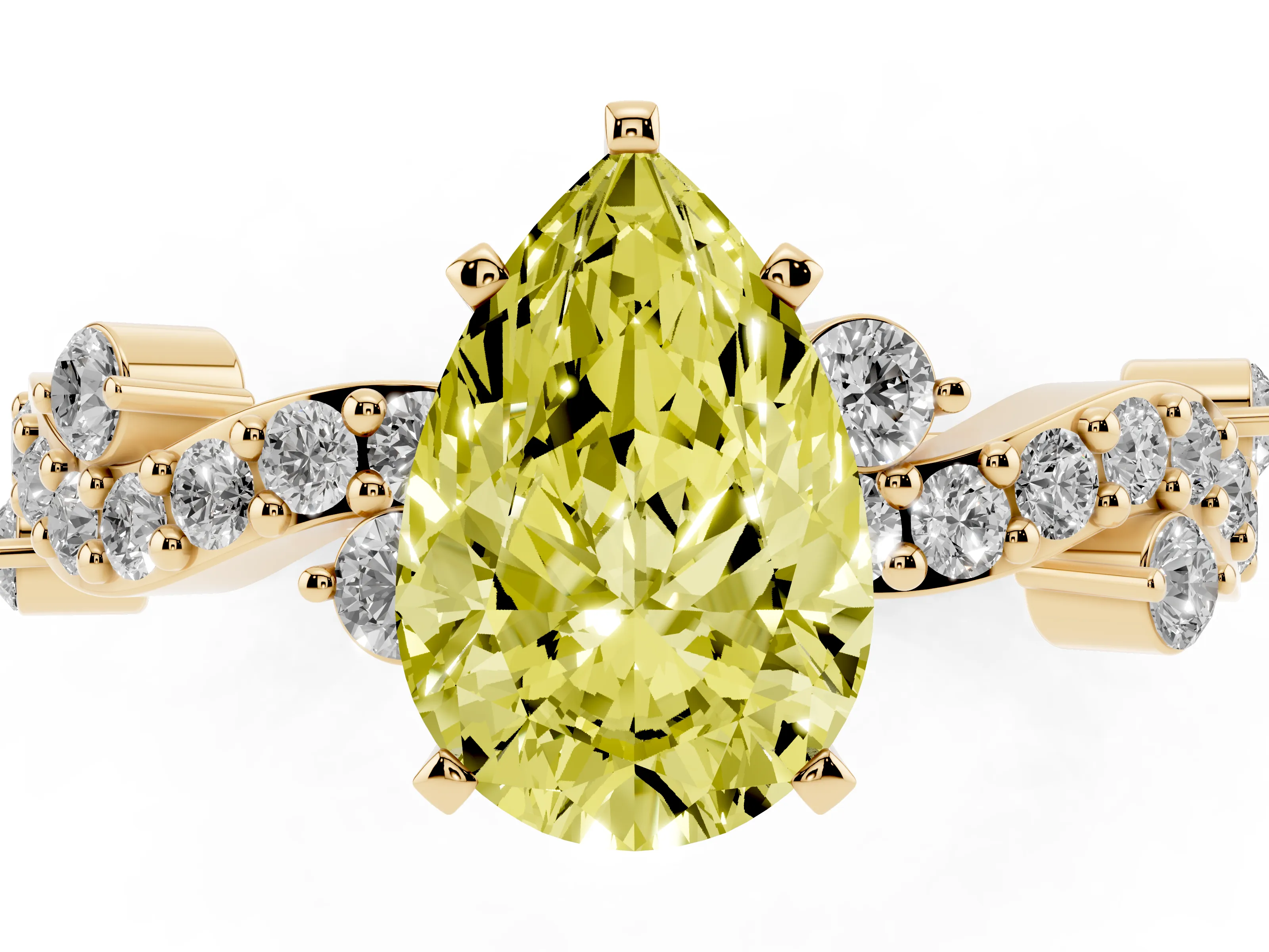 Fancy Yellow Pear Cut Diamond Solitaire Twisted Band Set in Yellow gold with Pavé Setting
