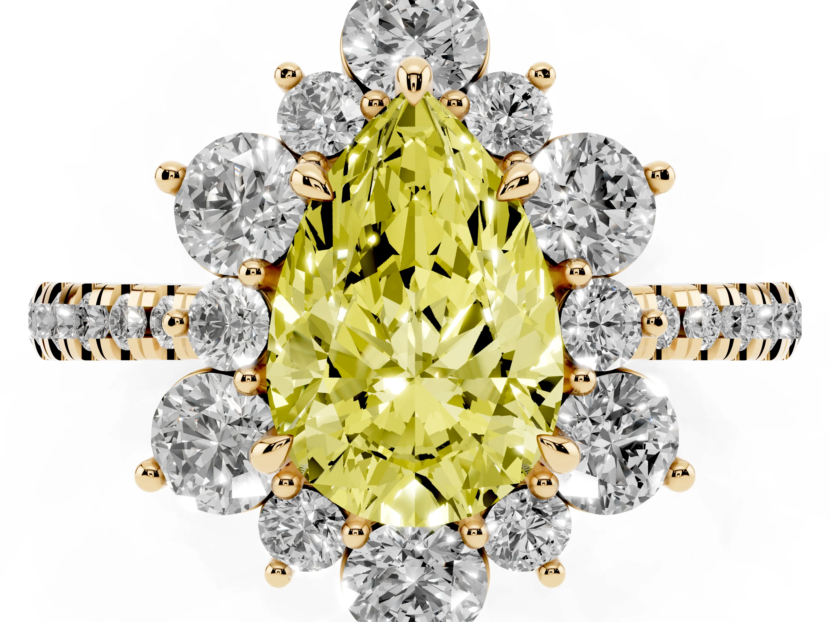 Fancy Yellow Pear Cut Diamond Floral Halo Ring Set in Yellow gold with Round Pavé Band and Prong Setting