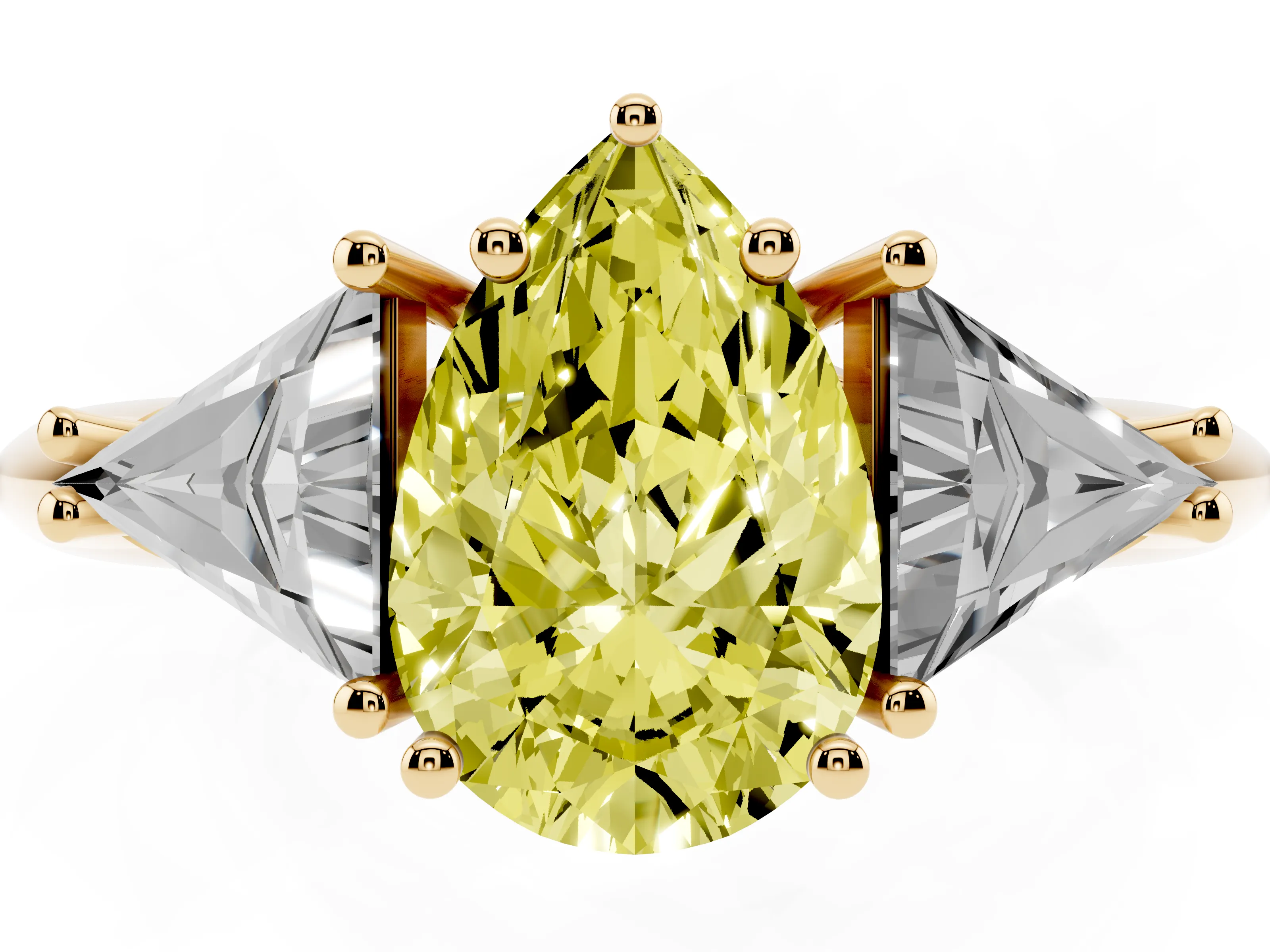 Fancy Yellow Pear Cut Diamond Three-Stone Engagement Ring Set in Yellow gold with Trillion Side Stones