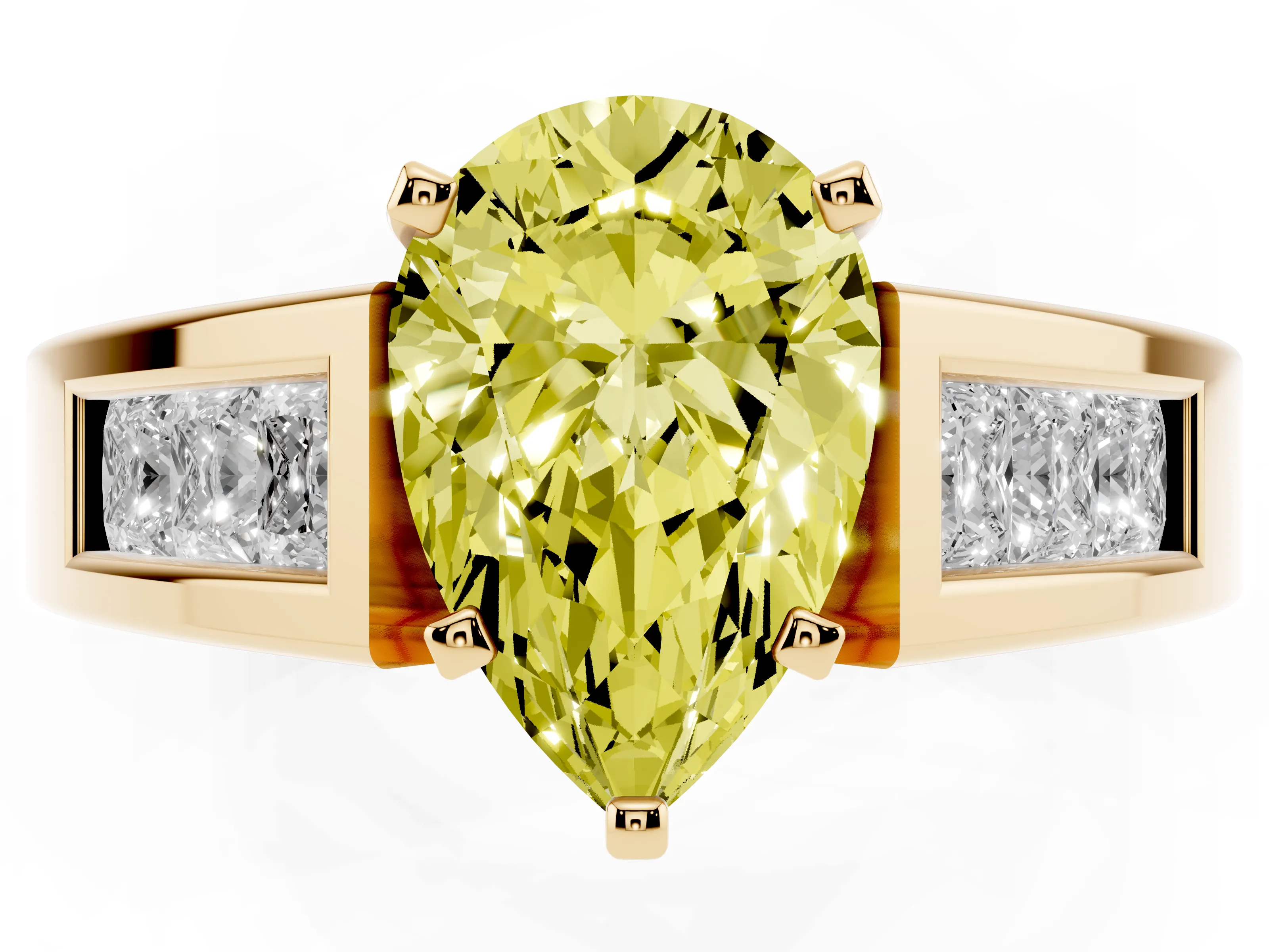 Fancy Yellow Pear Cut Diamond Solitaire Ring Set in Yellow gold with Channel-Set Accent Stones and Prong Setting