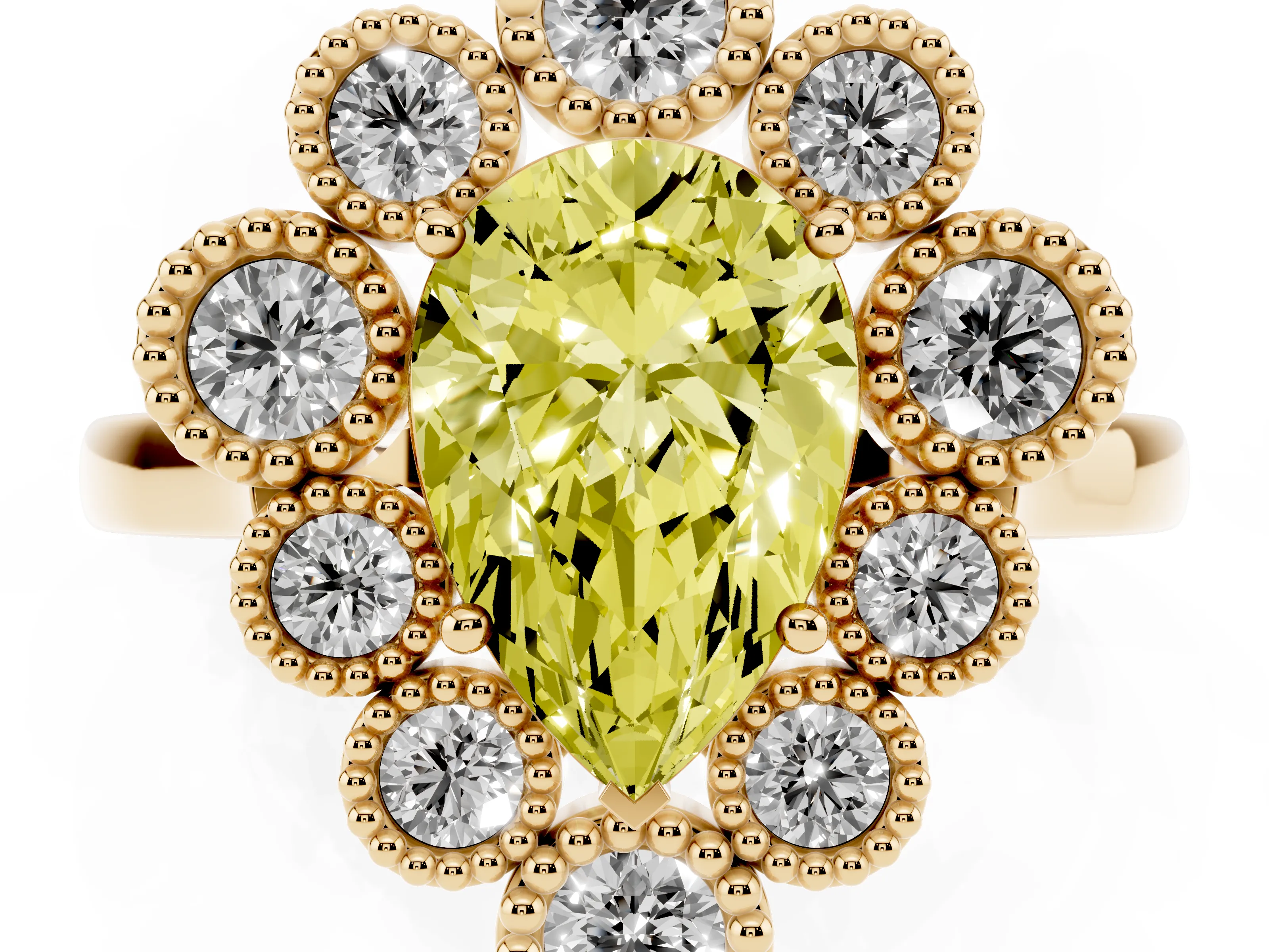 Fancy Yellow Pear Cut Diamond Cluster Halo Ring Set in Yellow gold with Milgrain Bezel Accents and Plain Band