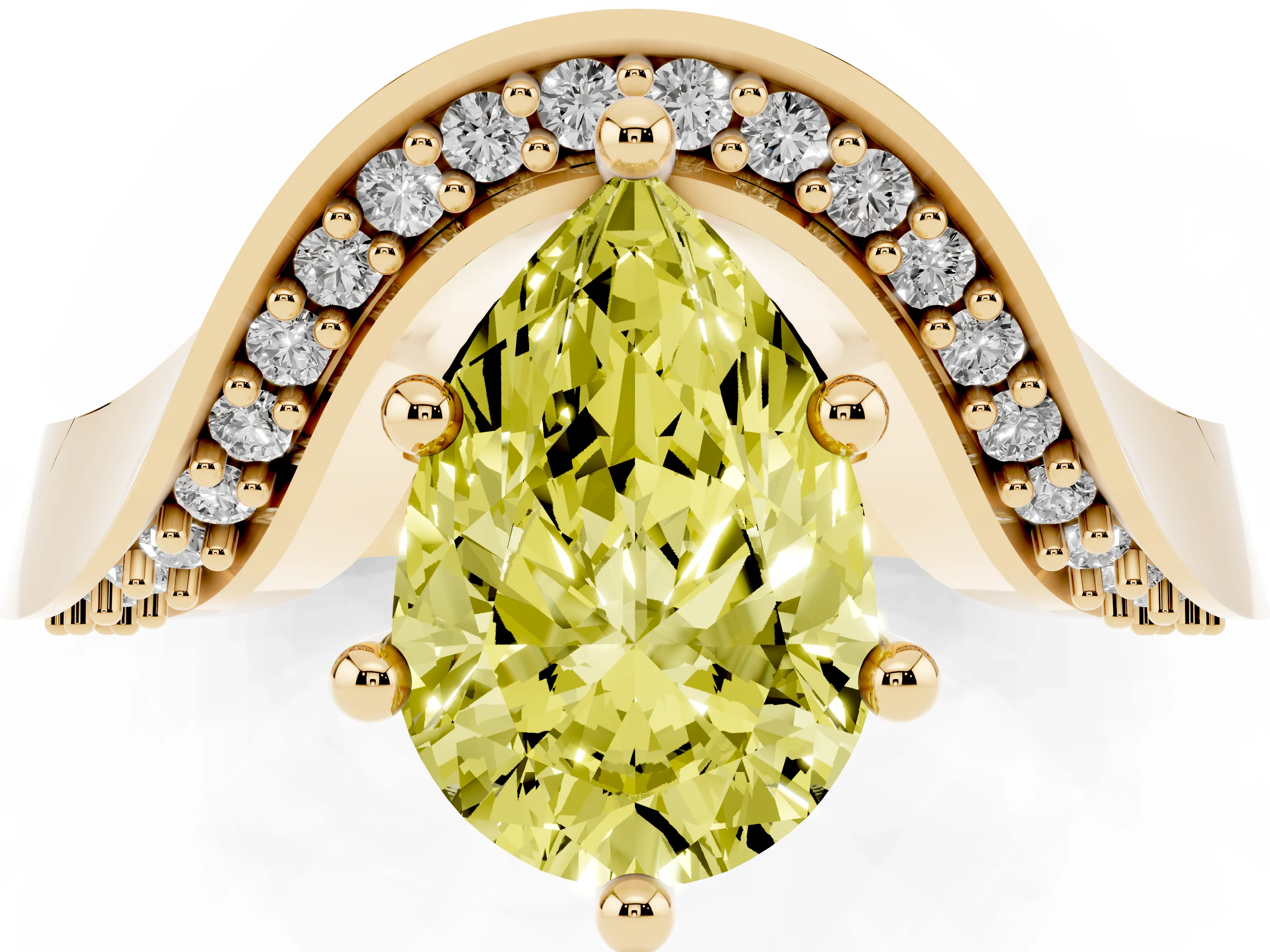 Fancy Yellow Pear Cut Diamond Solitaire Engagement Ring Set in Yellow gold with Pavé Shoulders
