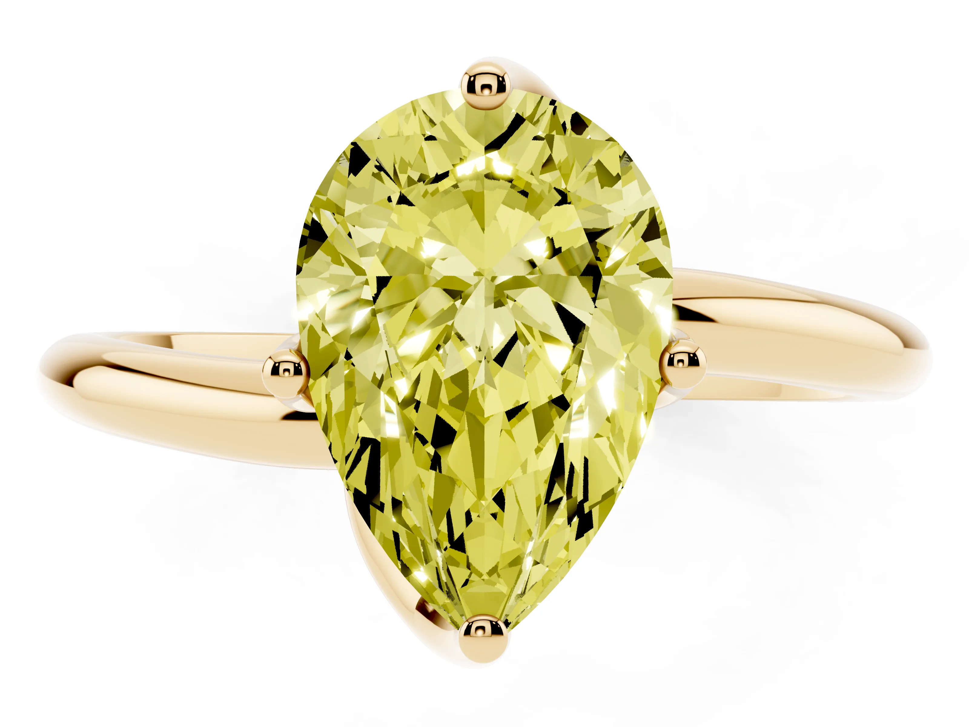 Fancy Yellow Pear Cut Diamond Solitaire Engagement Ring Set in Yellow gold with Classic Plain Band
