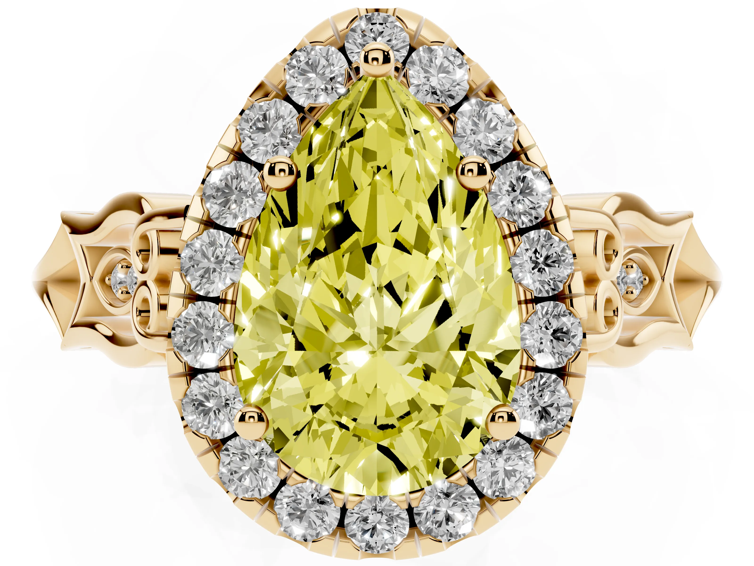 Fancy Yellow Pear Cut Diamond Halo Engagement Ring Set in Yellow gold with Filigree Band and Prong-Set Center
