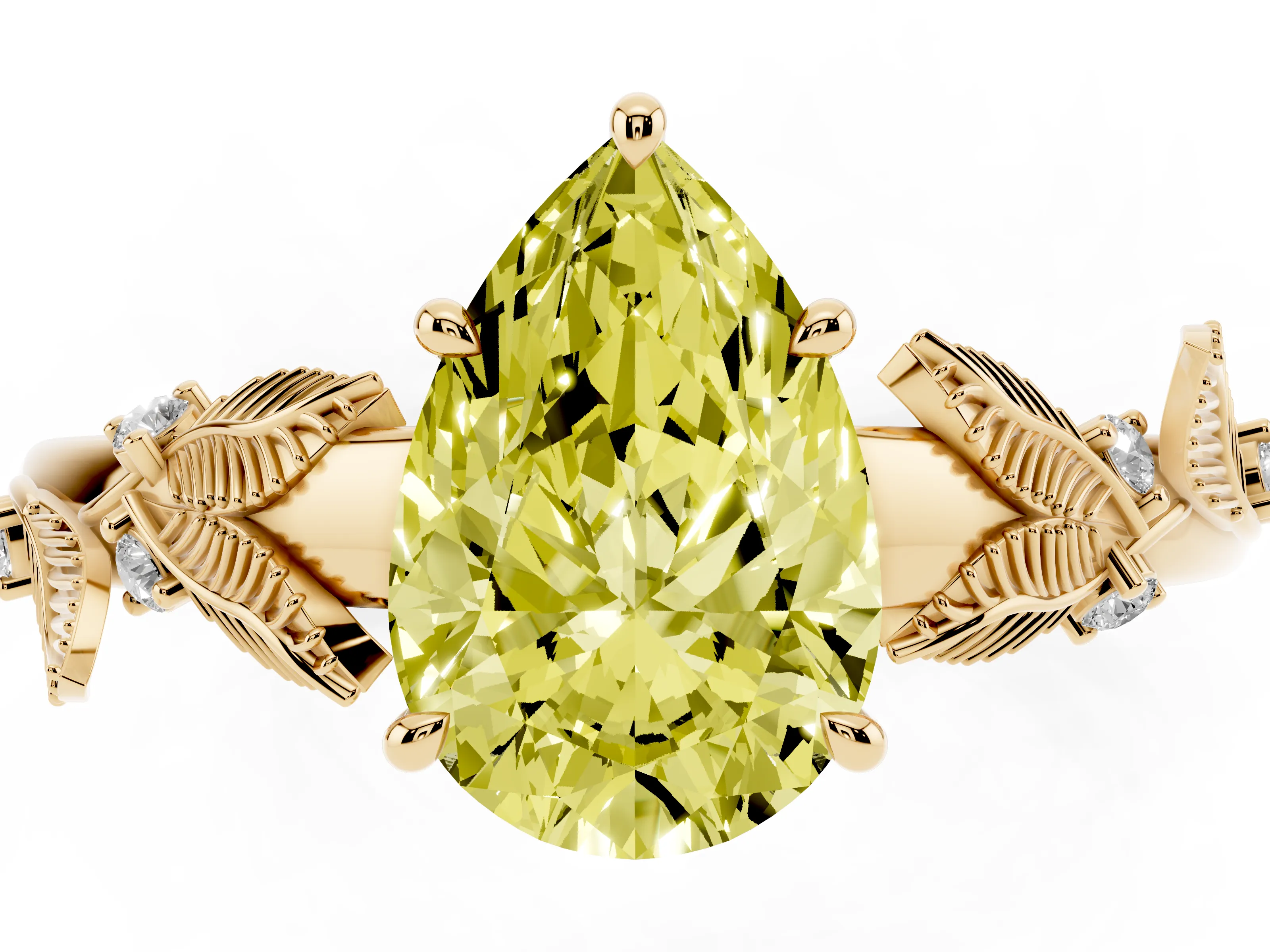 Fancy Yellow Pear Cut Diamond Solitaire Ring Set in Yellow gold with Leaf Motif Band