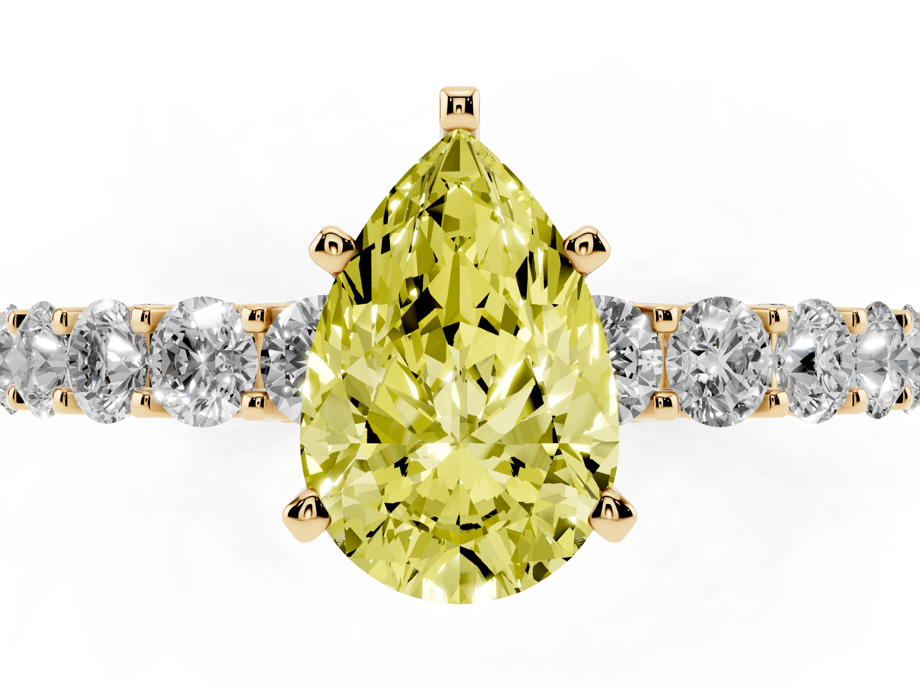 Fancy Yellow Pear Cut Diamond Solitaire Ring Set in Yellow gold with Shared Prong Pavé Band