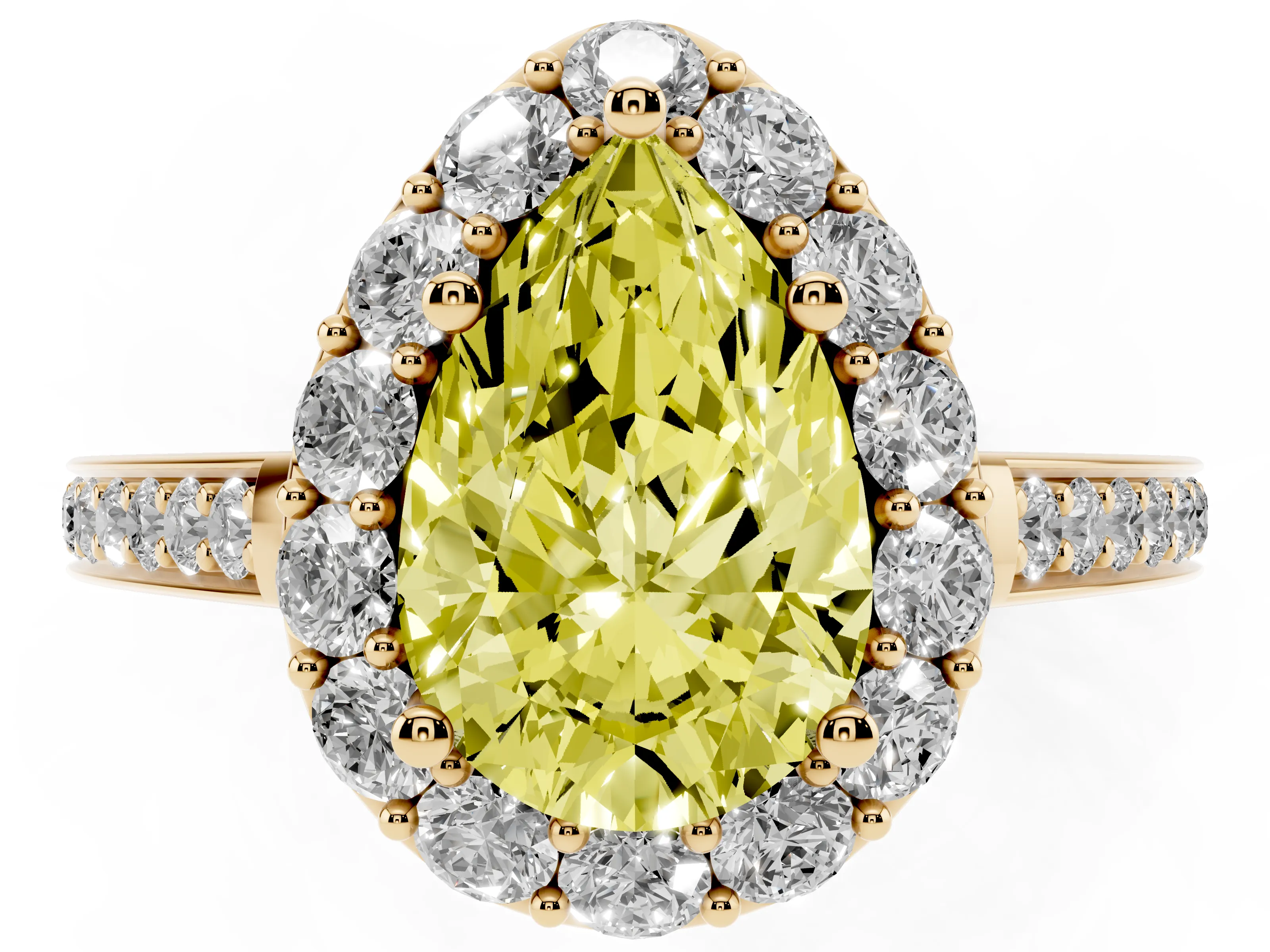 Fancy Yellow Pear Cut Diamond Floral Halo Ring Set in Yellow gold with Pavé Band and Prong Setting