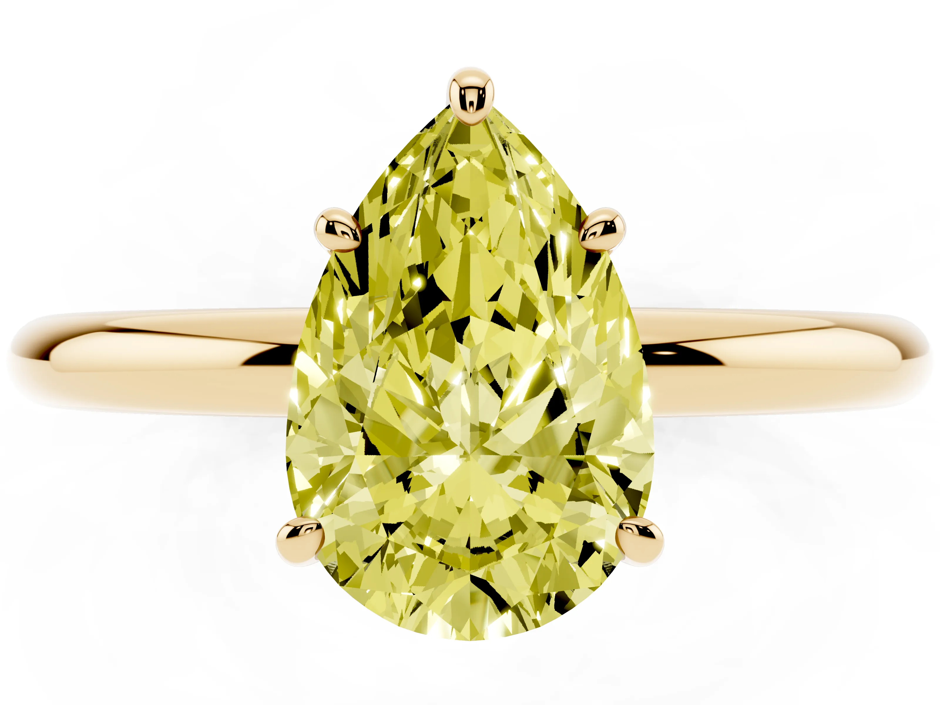 Fancy Yellow Pear Cut Diamond Solitaire Ring Set in Yellow gold with Prong Setting on a Polished Plain Band