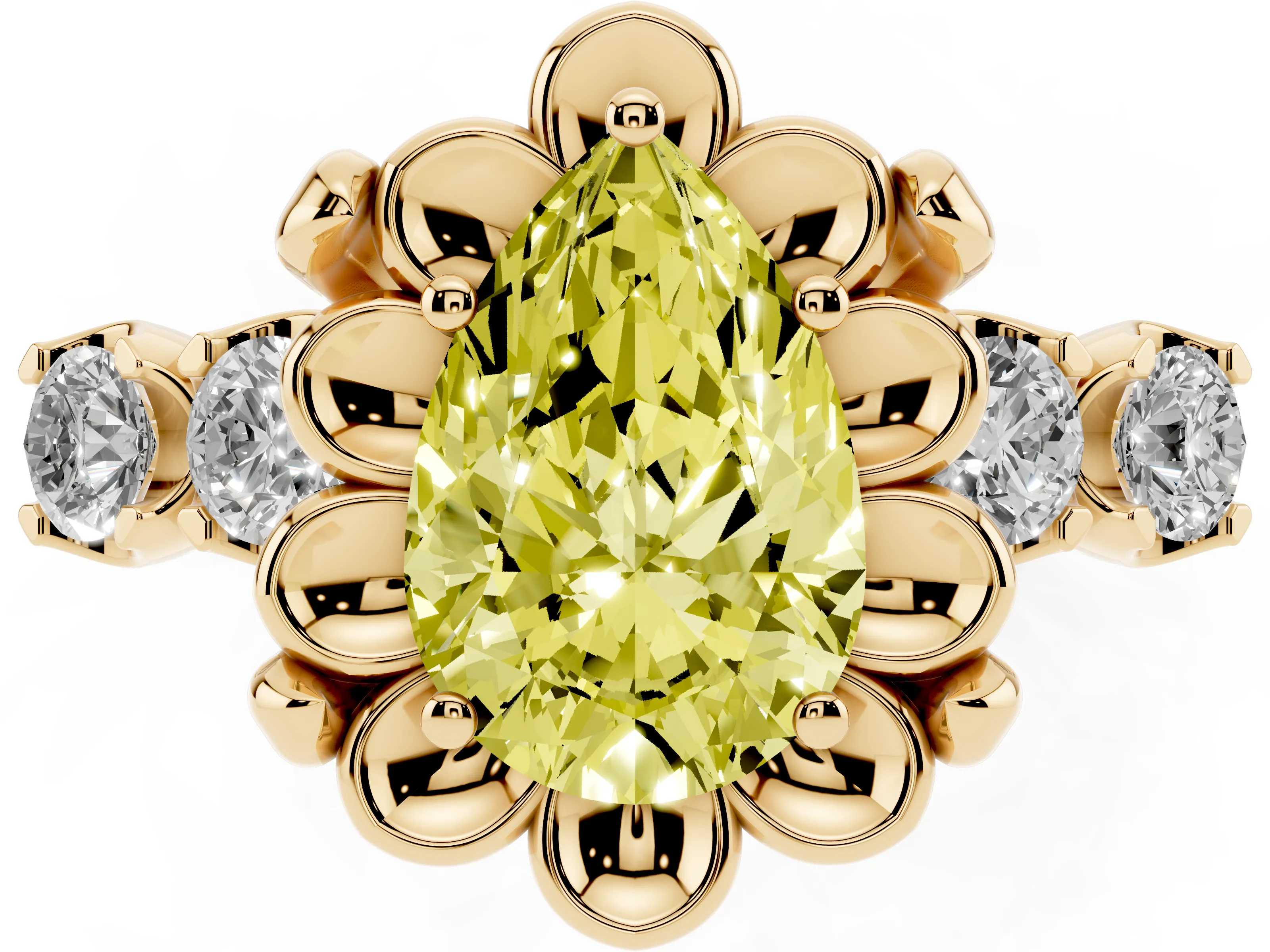 Fancy Yellow Pear Cut Diamond Floral Halo Ring Set in Yellow gold with Shared Prong Band