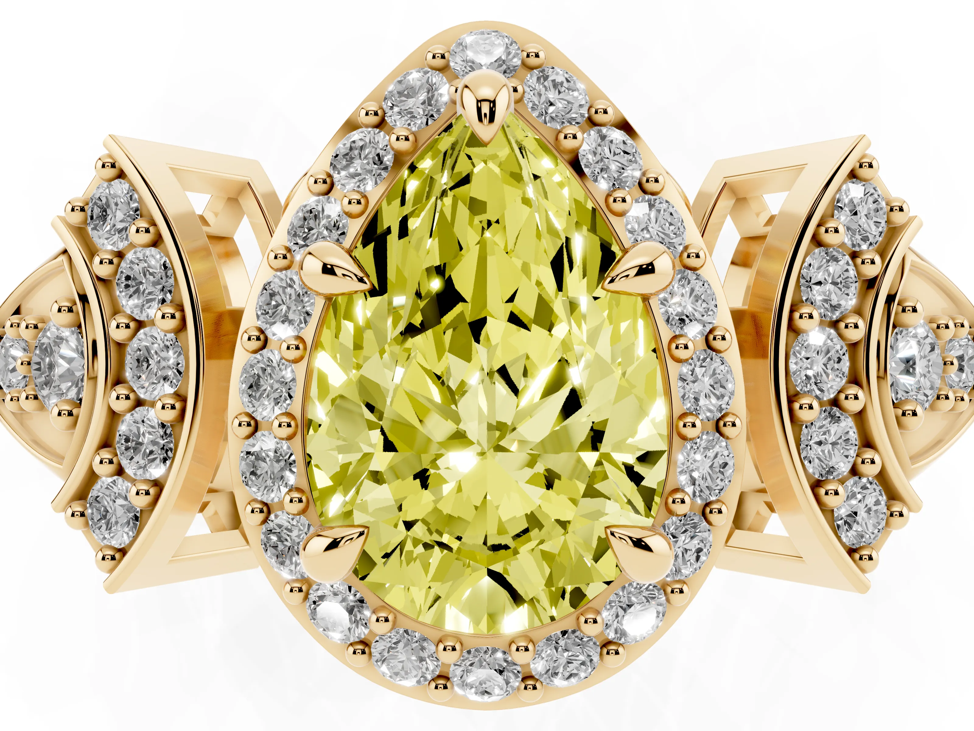 Fancy Yellow Pear Cut Diamond Halo Engagement Ring Set in Yellow gold with Accent Stone Split Shank