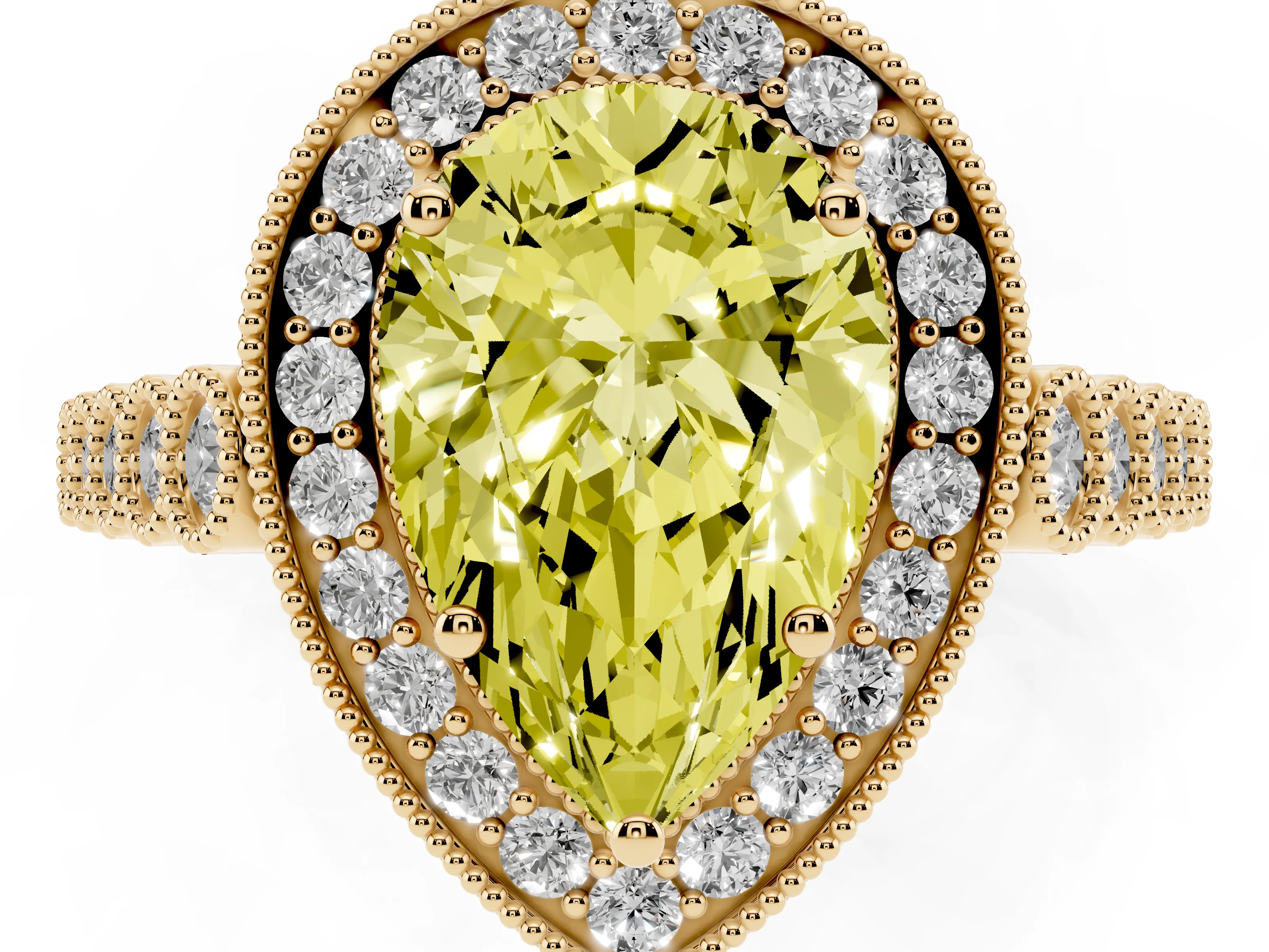Fancy Yellow Pear Cut Diamond Milgrain Halo Solitaire Ring Set in Yellow gold with Bezel Set Side Stones and Pavé Band