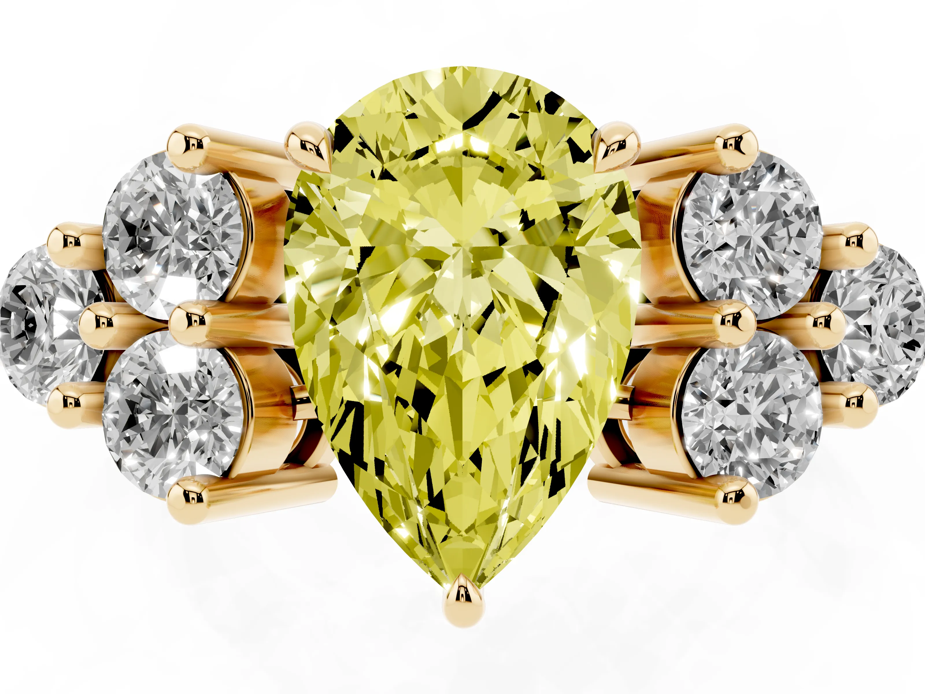 Fancy Yellow Pear Cut Diamond Solitaire Ring Set in Yellow gold with Cluster Accents on Each Side