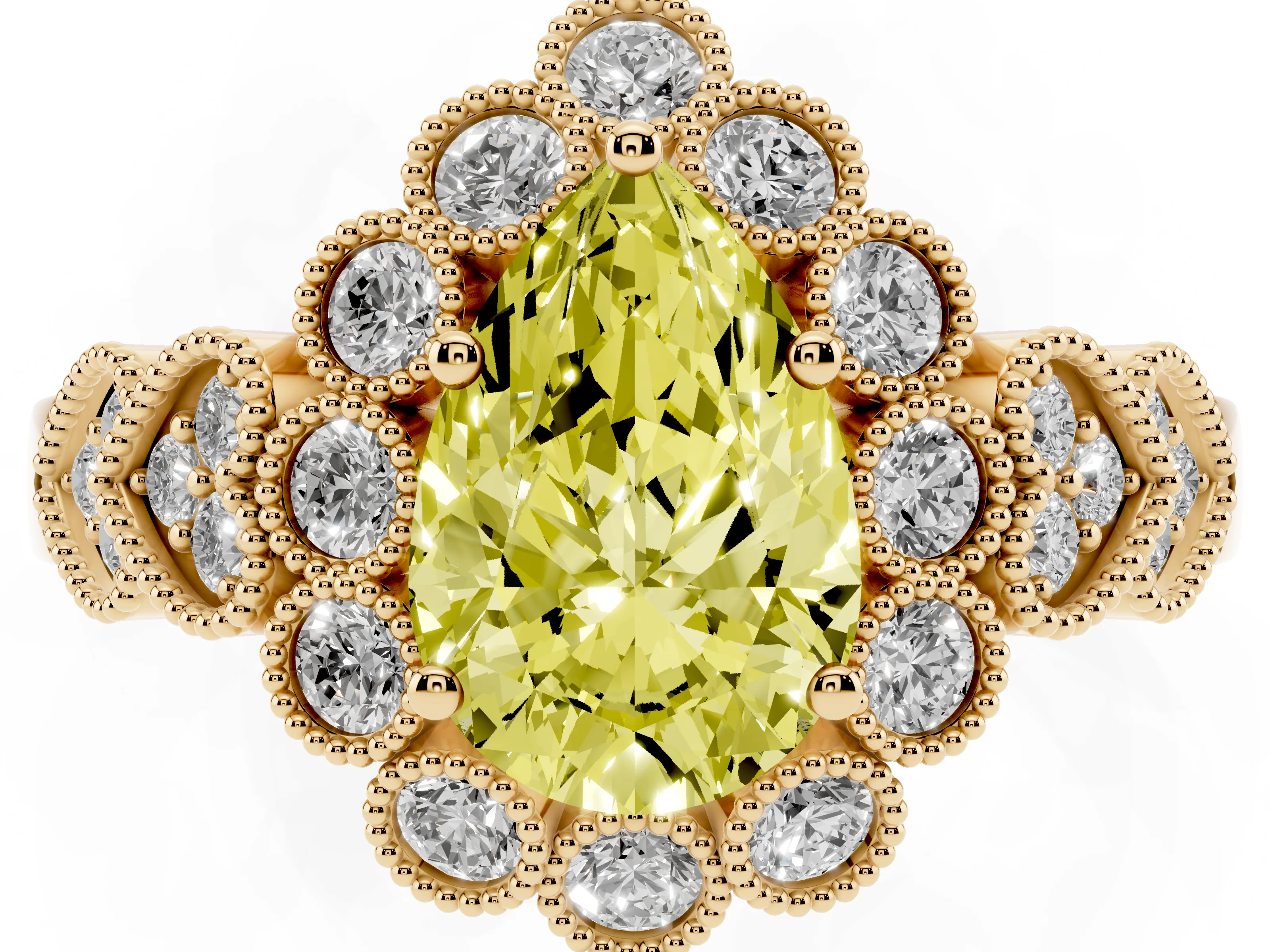 Fancy Yellow Pear Cut Diamond Solitaire Ring Set in Yellow gold with Milgrain Pavé Heart Band