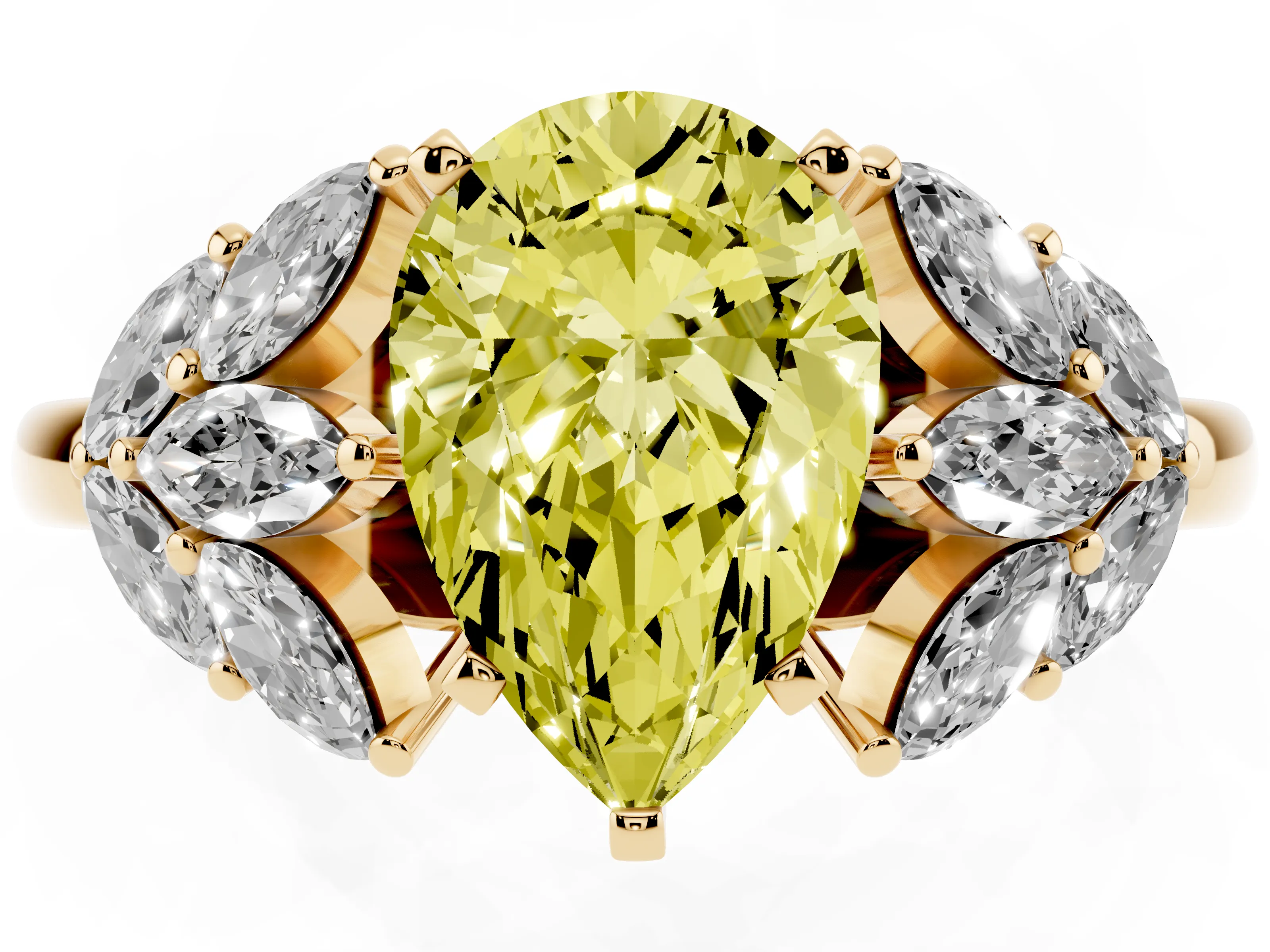 Fancy Yellow Pear Cut Diamond Cluster Leaf Design Ring Set in Yellow gold with Prong Setting