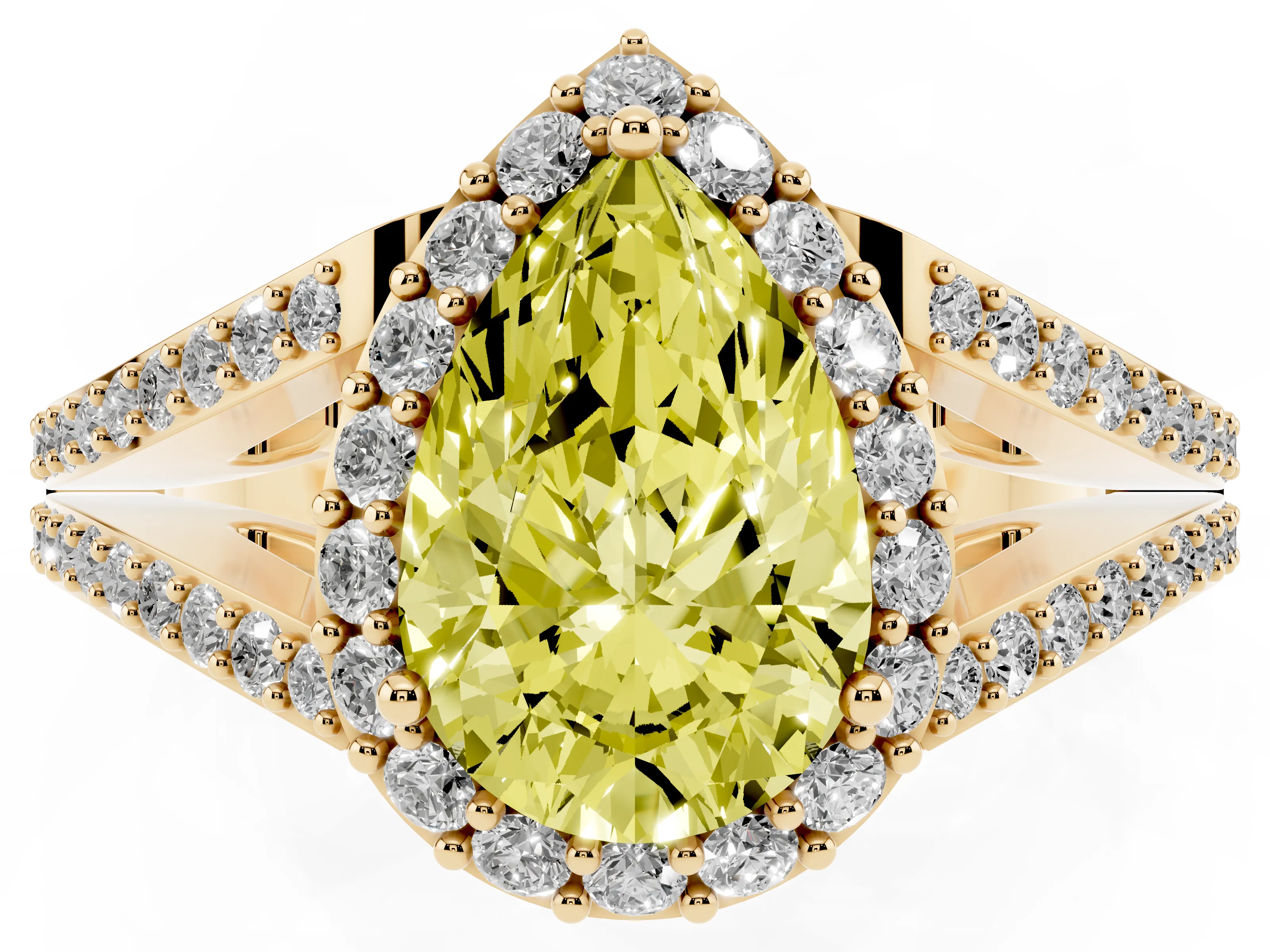Fancy Yellow Pear Cut Diamond Halo Split Shank Pavé Ring Set in Yellow gold with Prong Setting