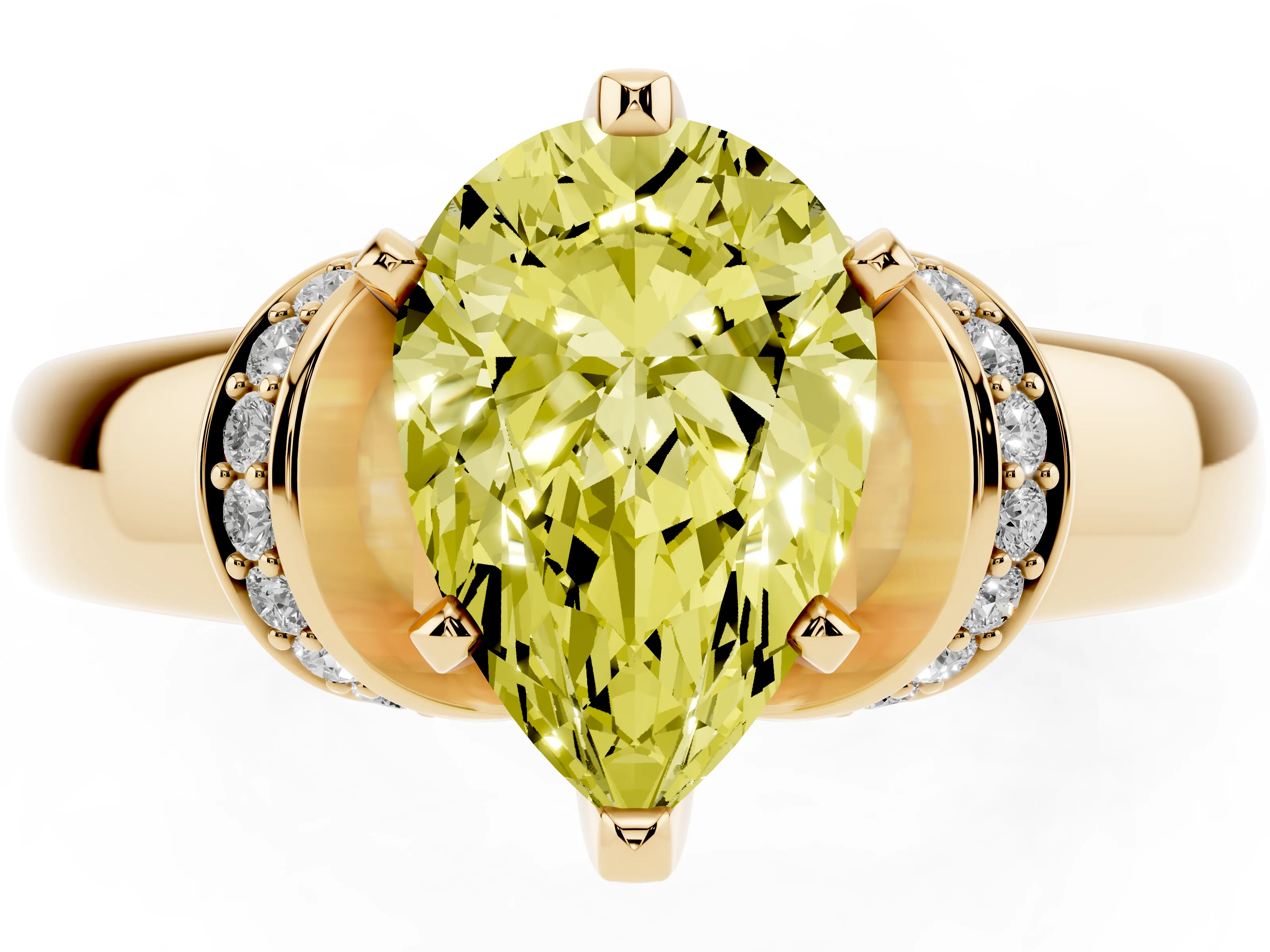 Fancy Yellow Pear Cut Diamond Pavé Band Solitaire Ring Set in Yellow gold with Prong Setting