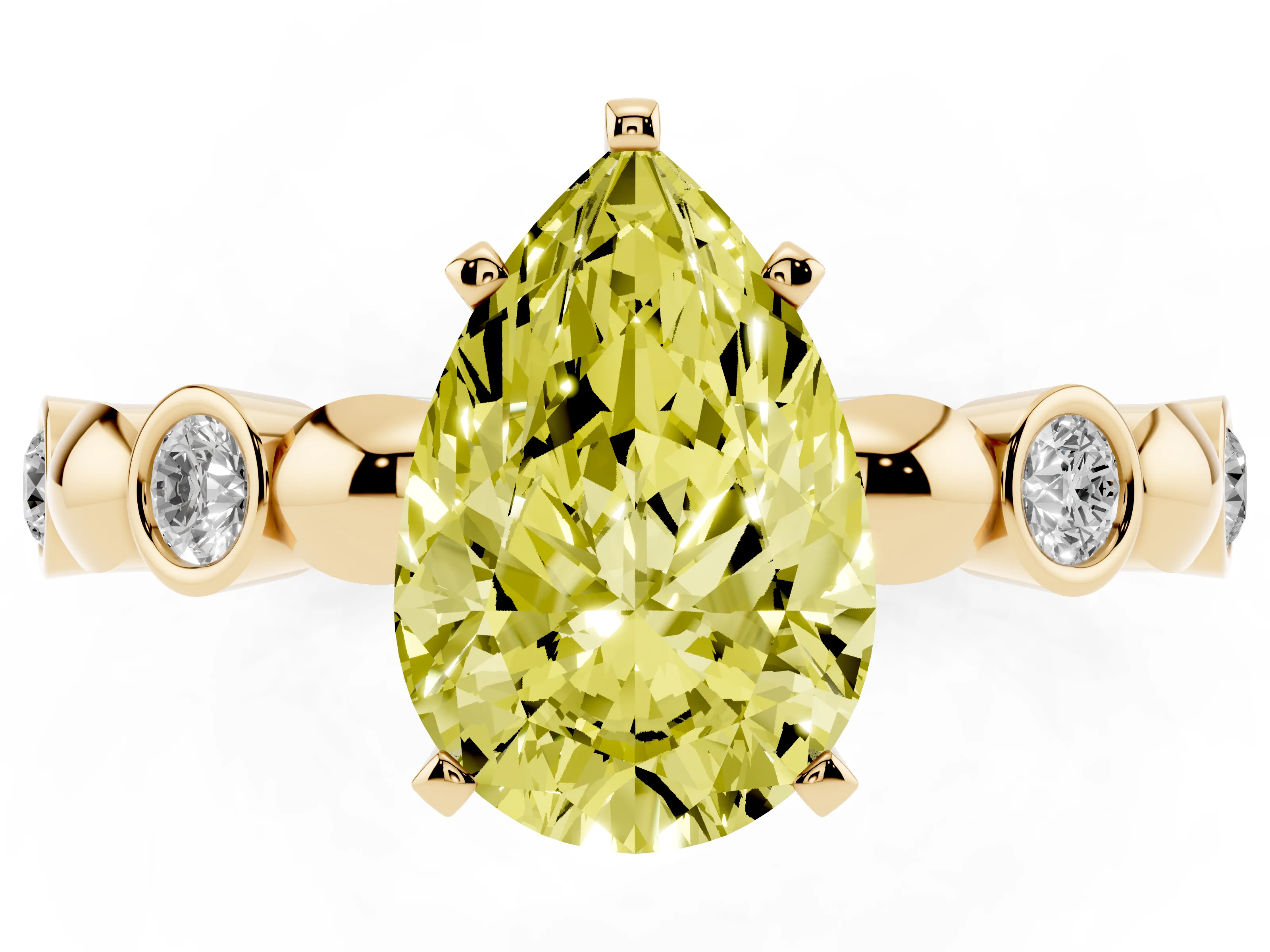 Fancy Yellow Pear Cut Diamond Solitaire Ring Set in Yellow gold with Bezel-Set Accents on Beaded Band and Prong Setting
