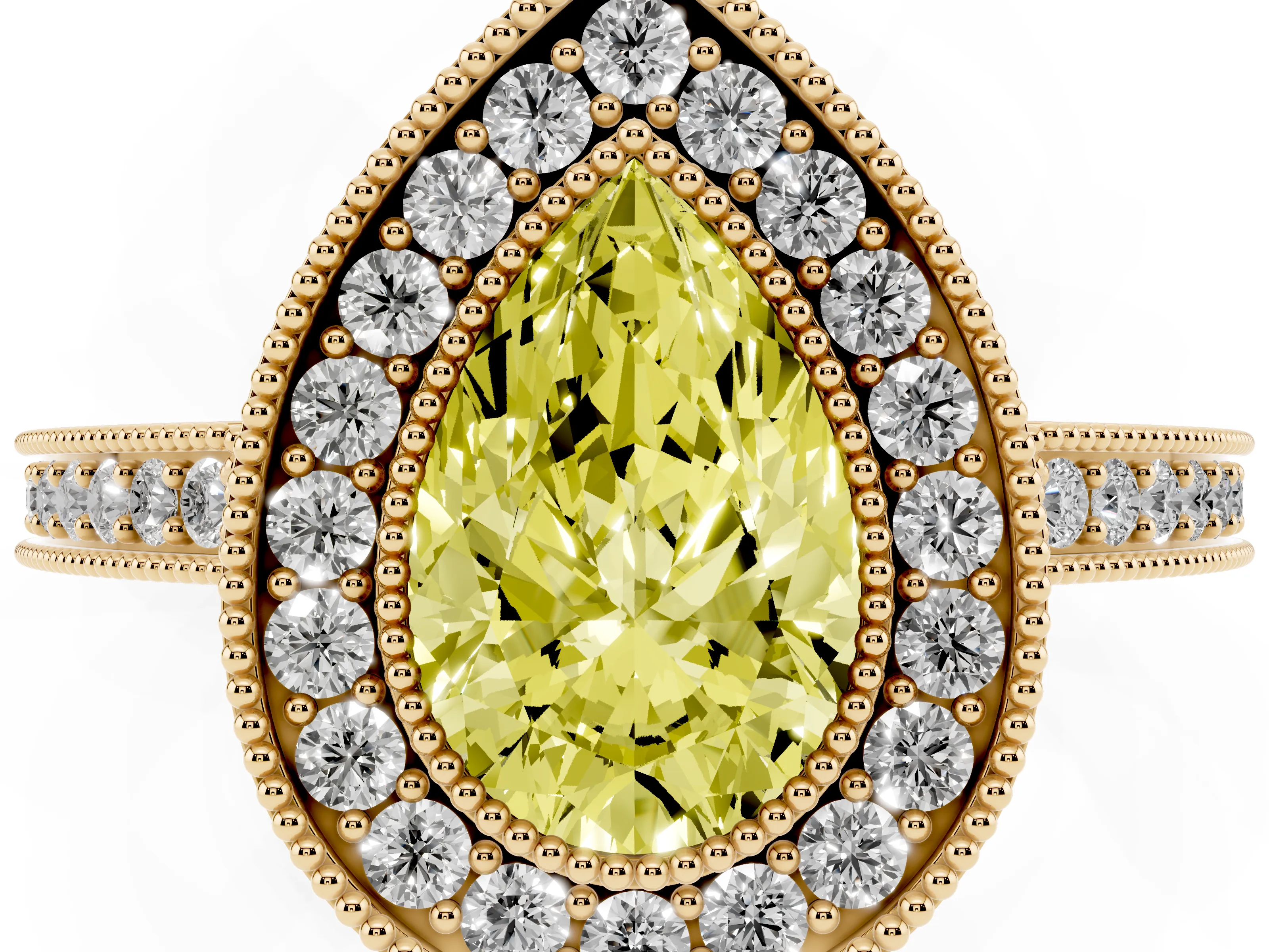 Fancy Yellow Pear Cut Diamond Round Halo Ring Set in Yellow gold with Pavé Band