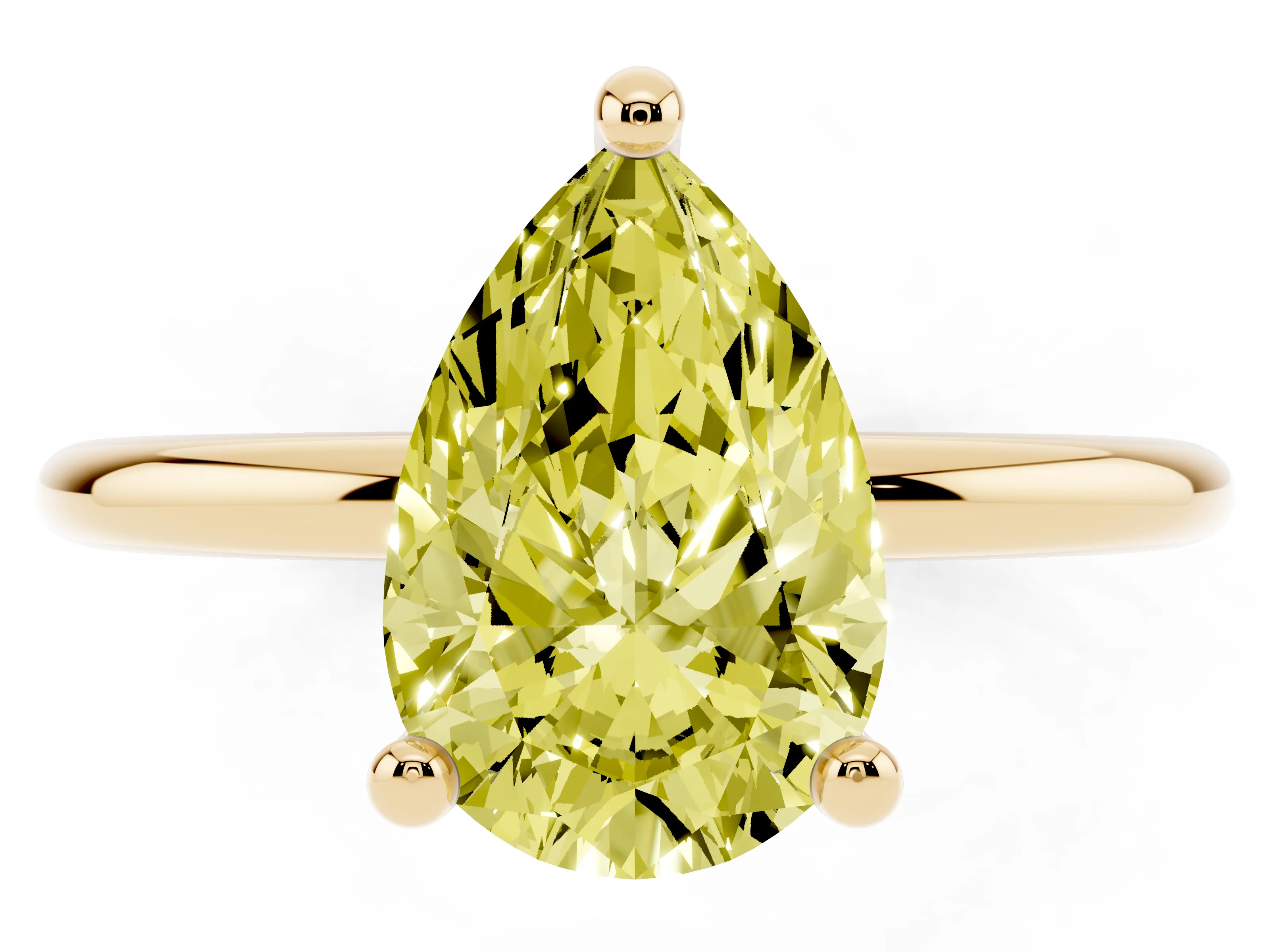 Fancy Yellow Pear Cut Diamond Solitaire Ring Set in Yellow gold with Secure Prong Setting on a Classic Band