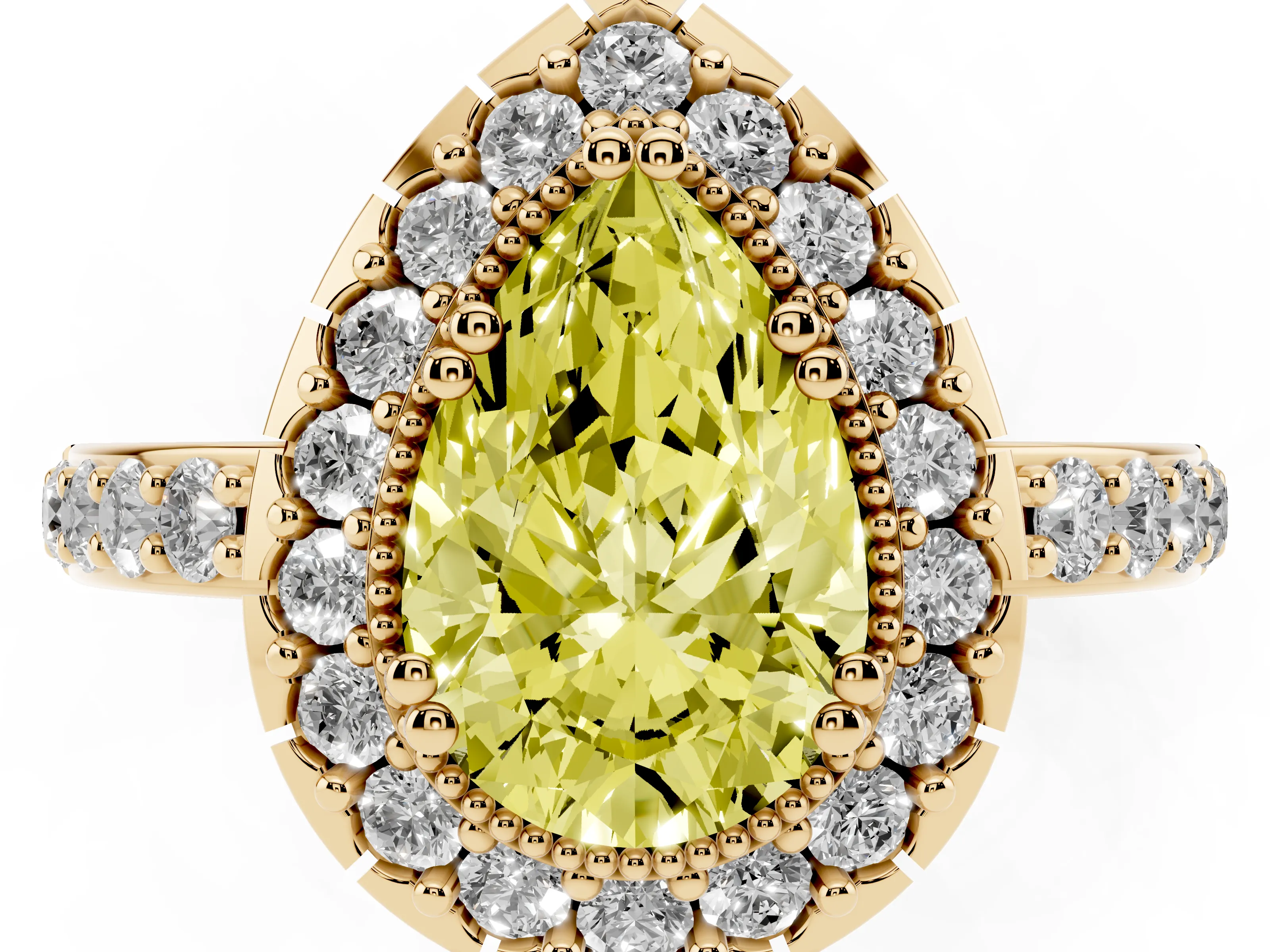 Fancy Yellow Pear Cut Diamond Halo Ring Set in Yellow gold with Pavé Shank and Prong Setting