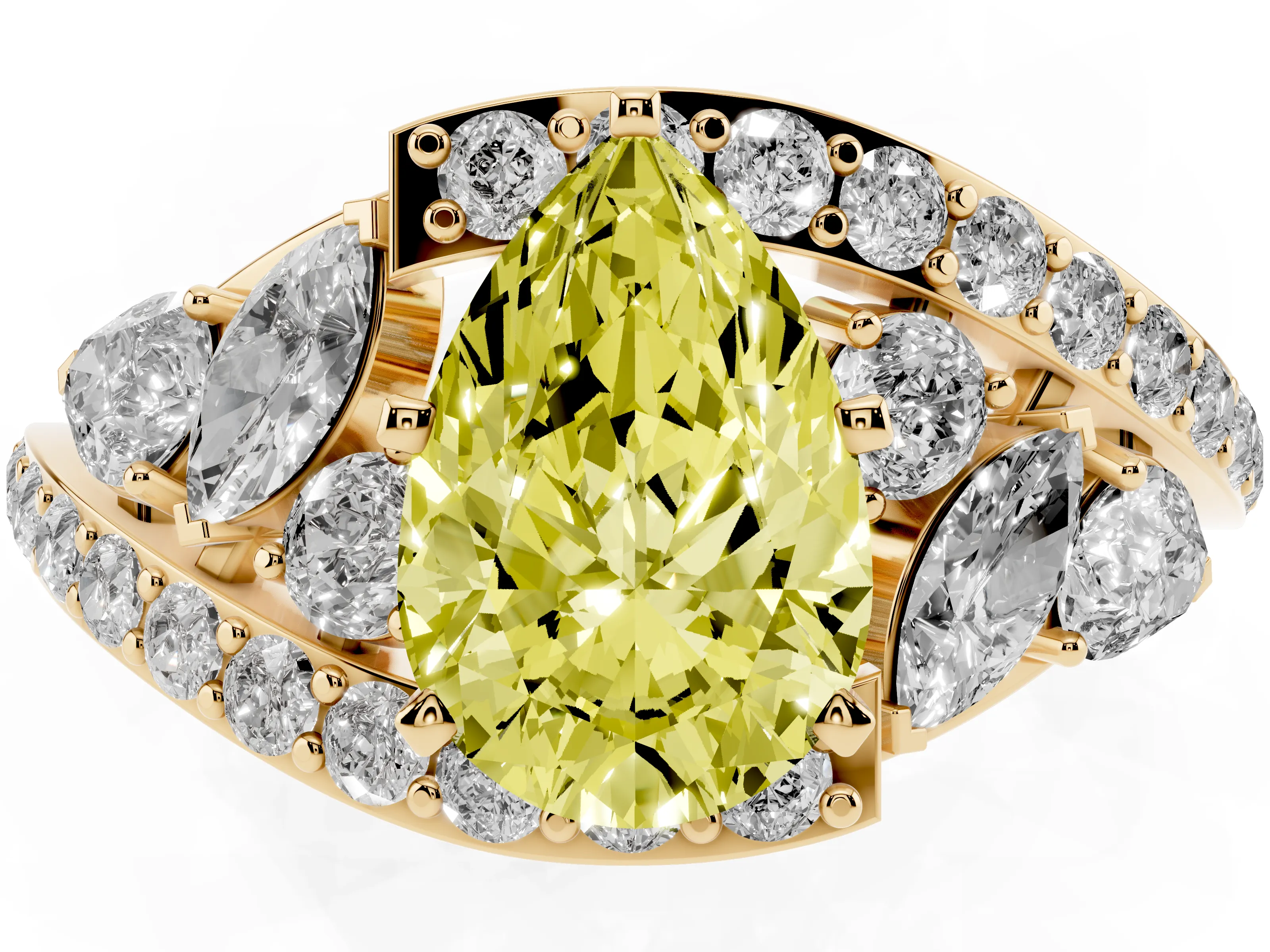 Fancy Yellow Pear Cut Diamond Halo Ring Set in Yellow gold with Marquise and Pavé Band in Prong Setting