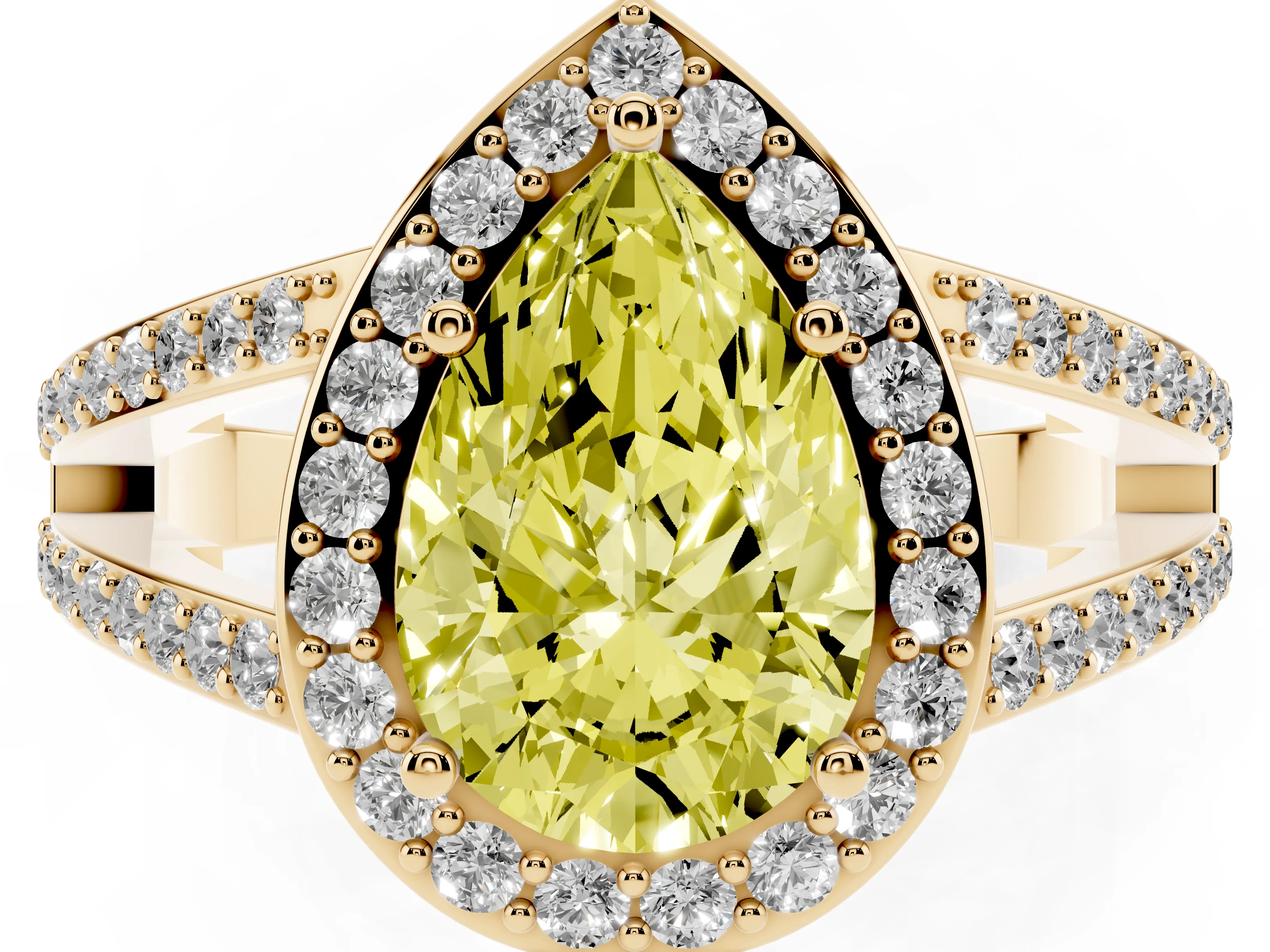 Fancy Yellow Pear Cut Diamond Halo Ring Set in Yellow gold with U-Prong Split Shank and Prong Setting