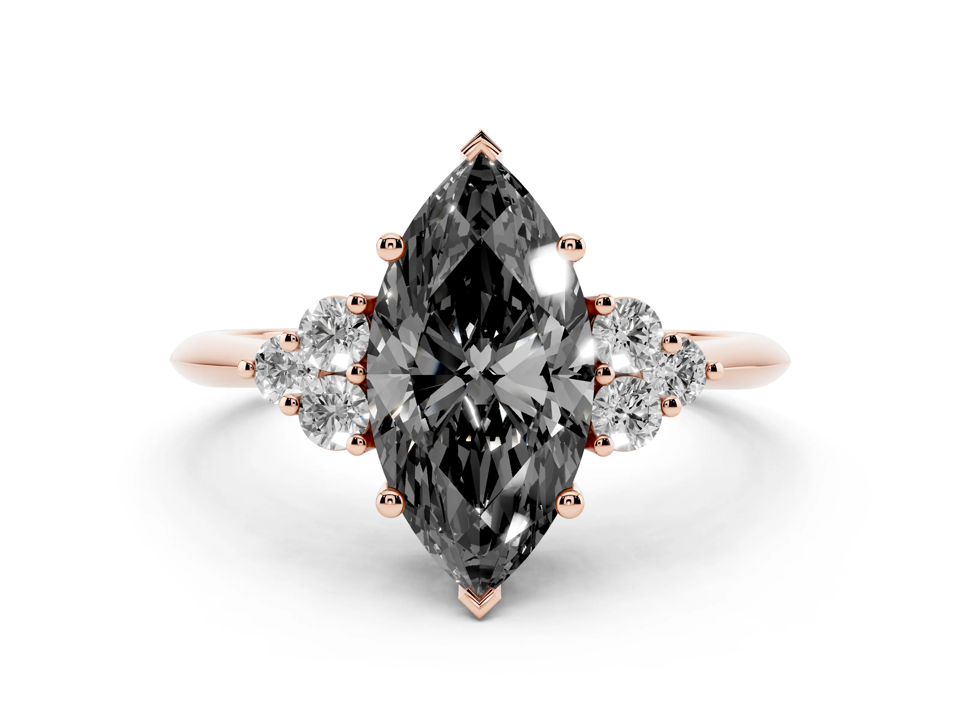 Fancy Black Marquise Cut Diamond Cluster Ring Set in Rose gold with Plain Band and Prong Setting