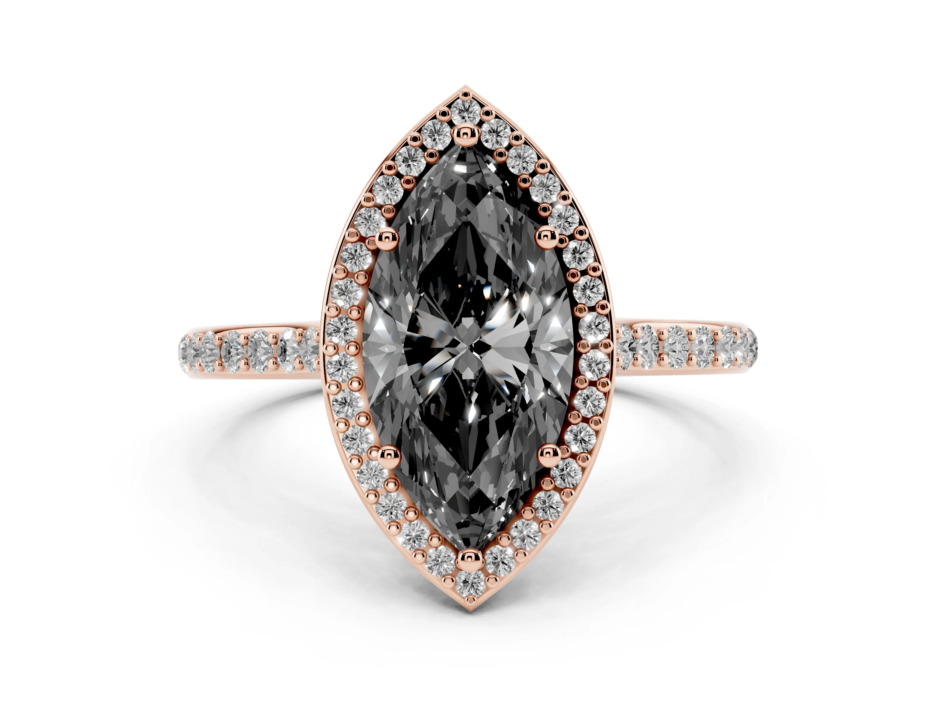 Fancy Black Marquise Cut Diamond Halo Engagement Ring Set in Rose gold with Round Pavé Shoulders and Heart Gallery