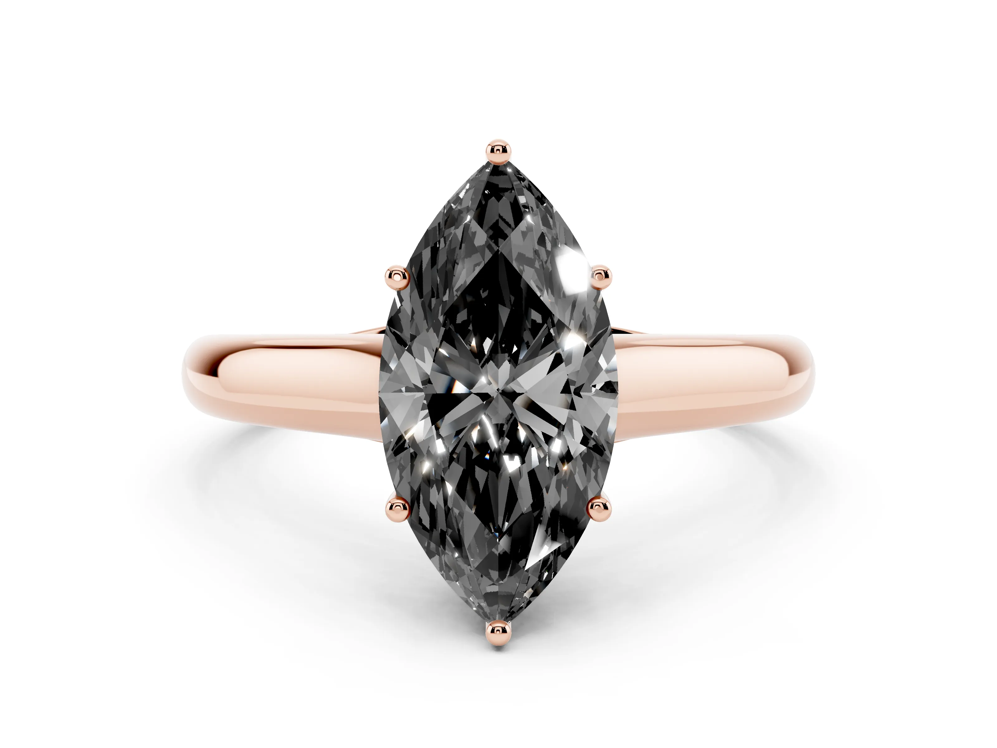 Fancy Black Marquise Cut Diamond Solitaire Engagement Ring Set in Rose gold with Subtly Tapered Band and Prong Setting