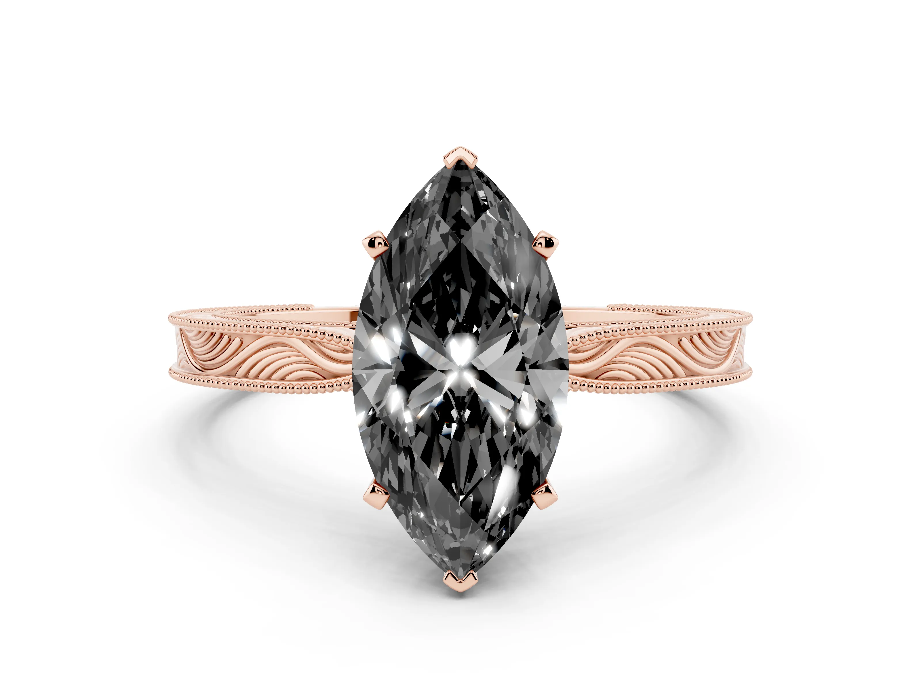 Fancy Black Marquise Cut Diamond Solitaire Milgrain Engraved Band Set in Rose gold with Prong Setting