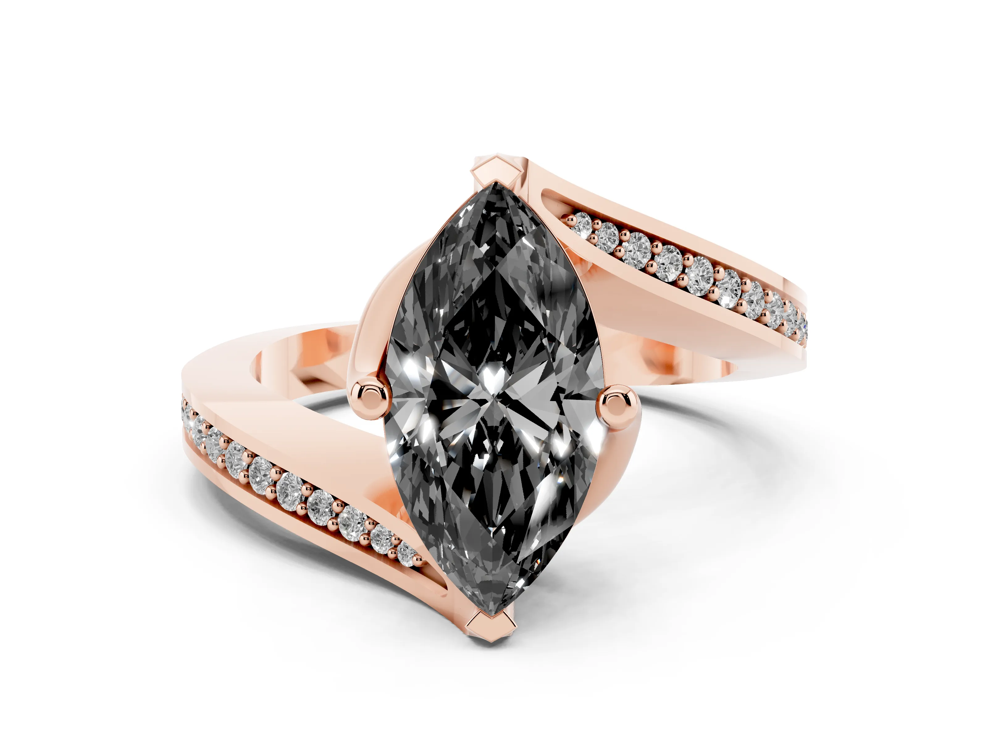 Fancy Black Marquise Cut Diamond Solitaire Ring Set in Rose gold with Intertwined Pavé Twist Band