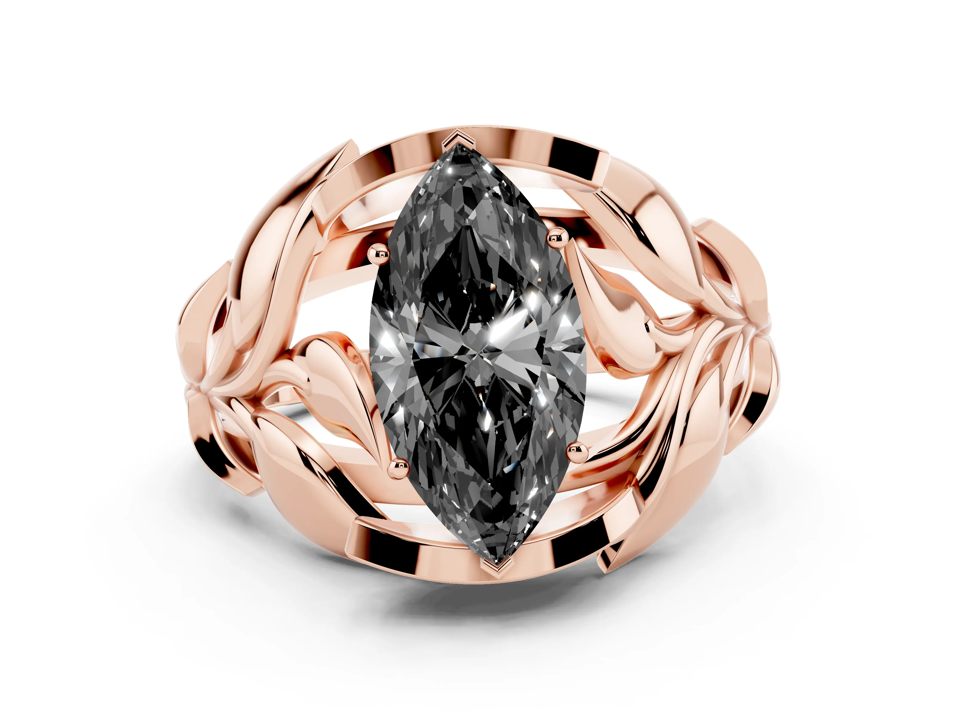 Fancy Black Marquise Cut Diamond Leaf-Inspired Engagement Ring Set in Rose gold with Round Accents